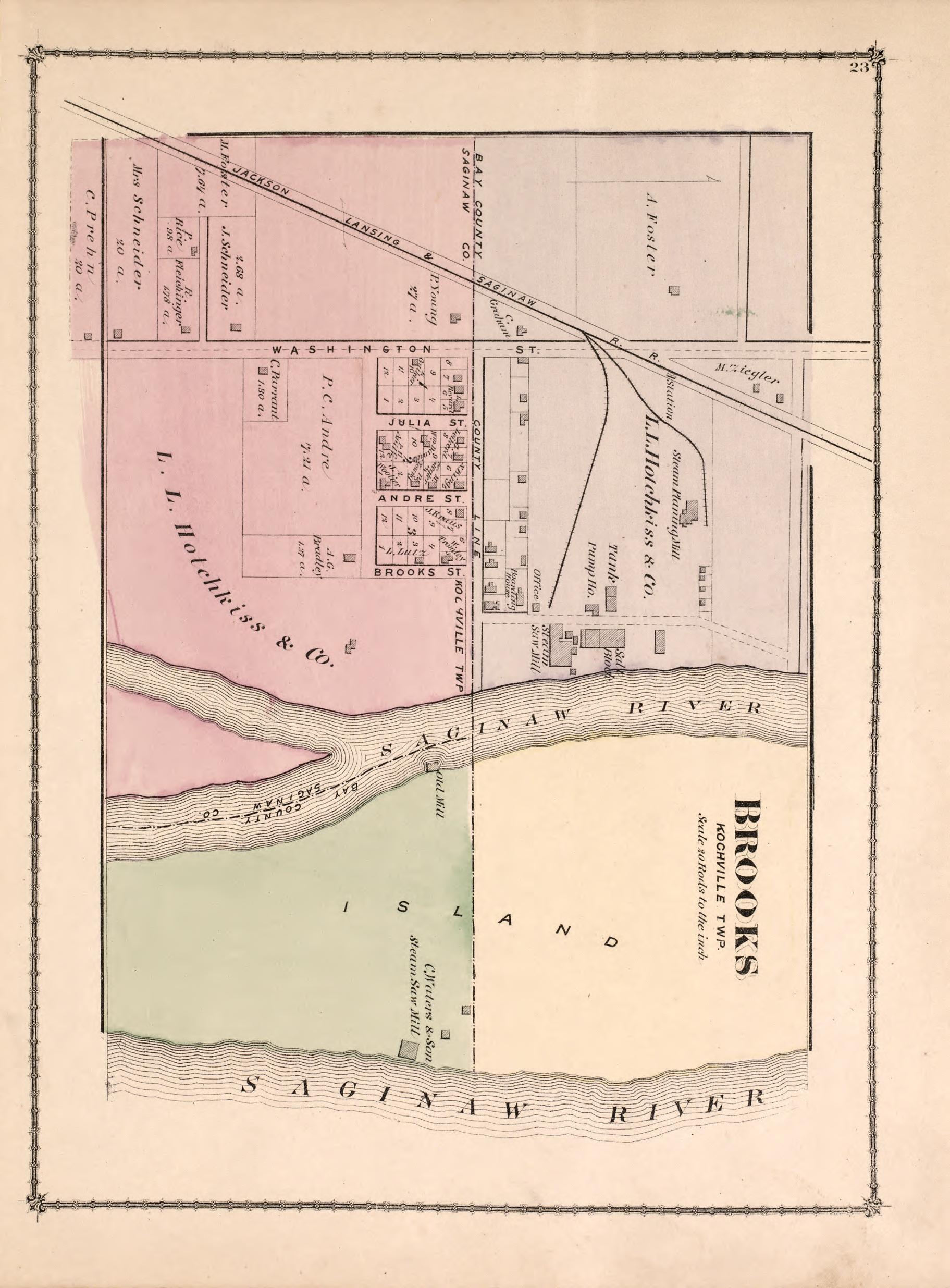 Brooks, Kochville Township from Atlas of Saginaw County, Michigan : from Recent and Actual Surveys and Records 1877 by Relic Map Company