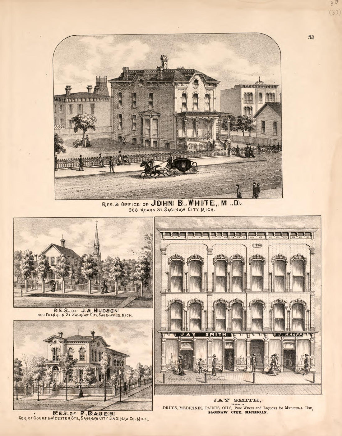 4 Views of Saginaw City from Atlas of Saginaw County, Michigan : from Recent and Actual Surveys and Records 1877 by Relic Map Company