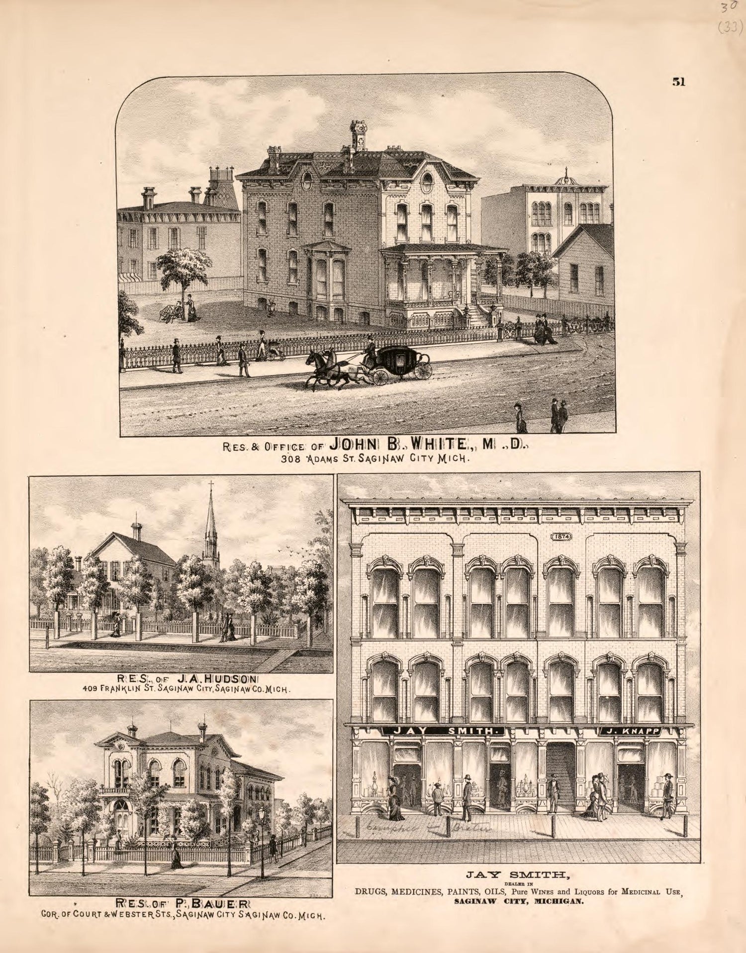 4 Views of Saginaw City from Atlas of Saginaw County, Michigan : from Recent and Actual Surveys and Records 1877 by Relic Map Company