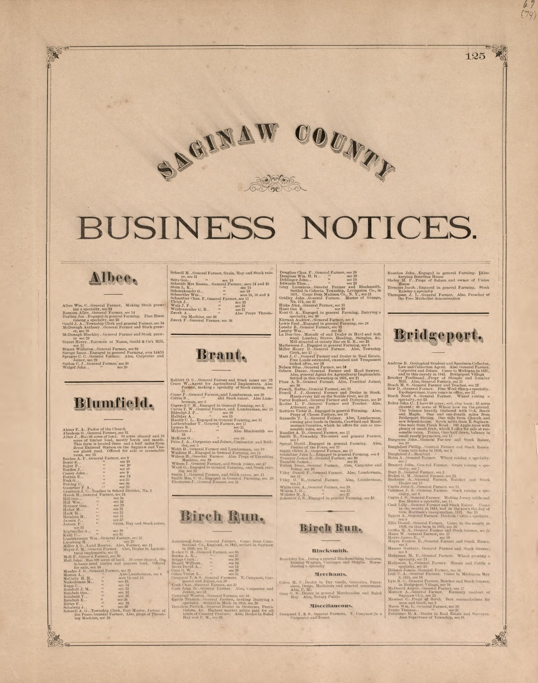 Business Notices, P. 1 from Atlas of Saginaw County, Michigan : from Recent and Actual Surveys and Records 1877 by Relic Map Company