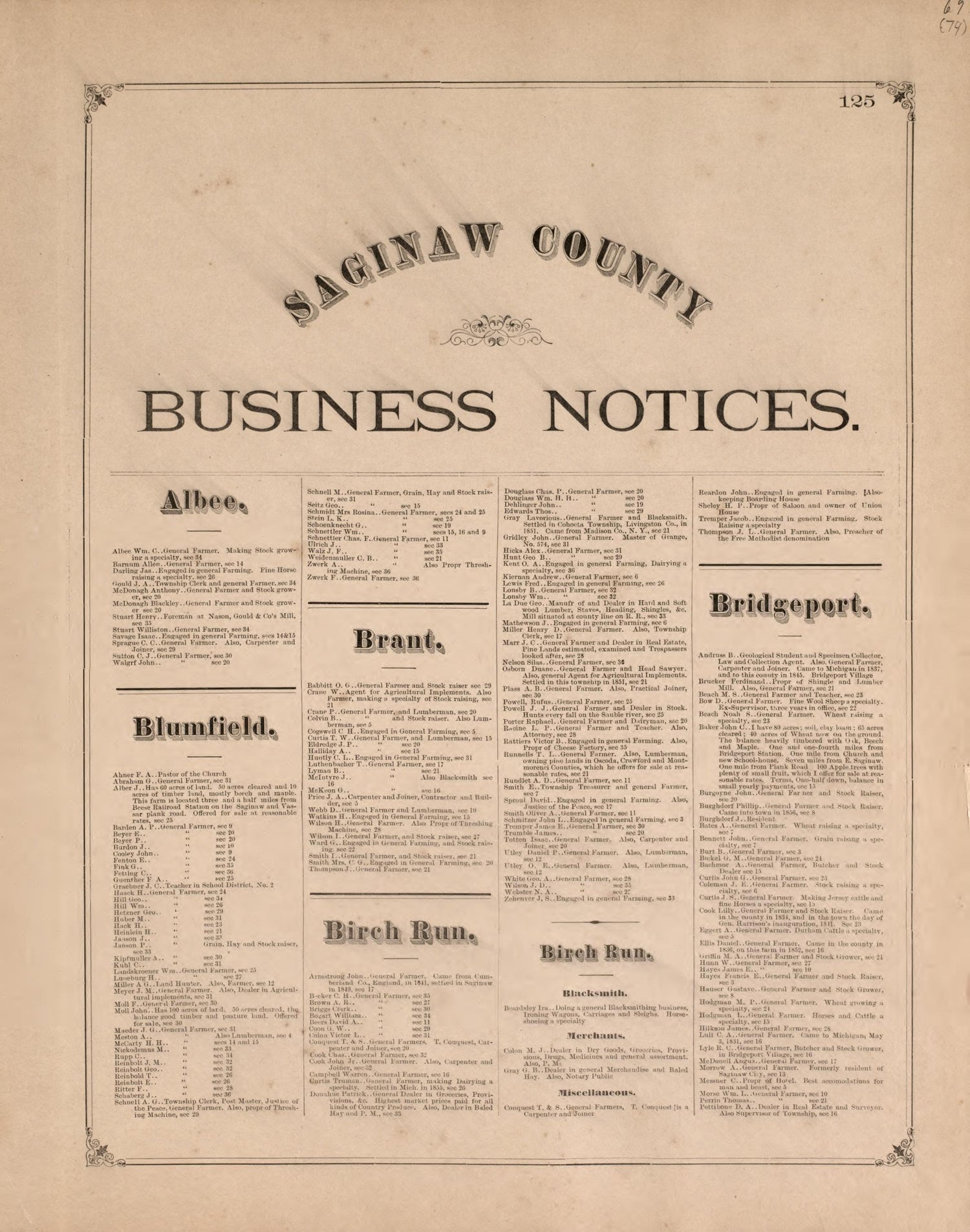 Business Notices, P. 1 from Atlas of Saginaw County, Michigan : from Recent and Actual Surveys and Records 1877 by Relic Map Company
