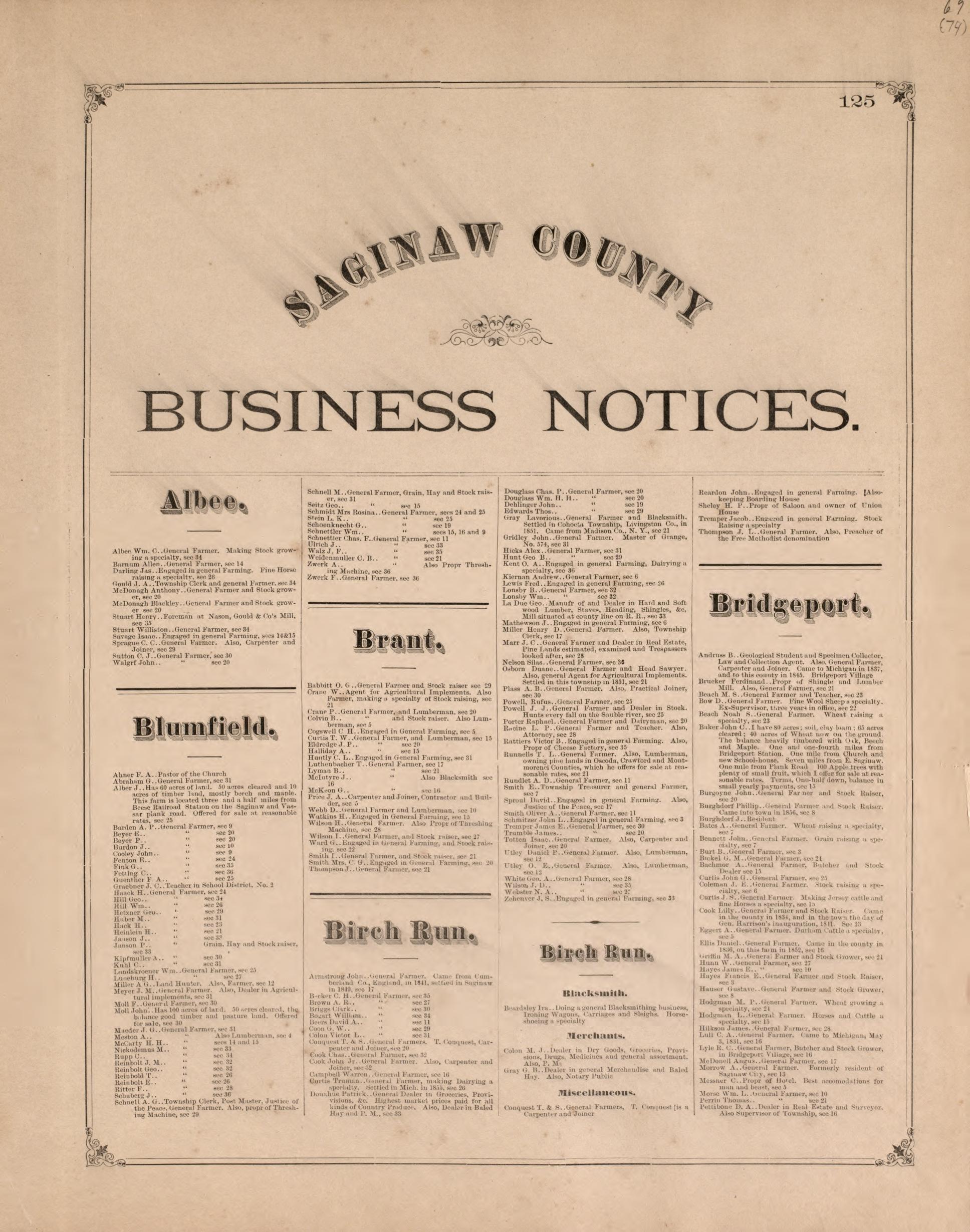 Business Notices, P. 1 from Atlas of Saginaw County, Michigan : from Recent and Actual Surveys and Records 1877 by Relic Map Company