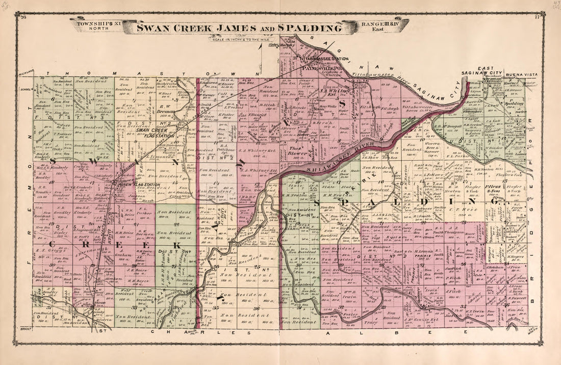 Swan Creek, James and Spalding Townships from Atlas of Saginaw County, Michigan : from Recent and Actual Surveys and Records 1877 by Relic Map Company