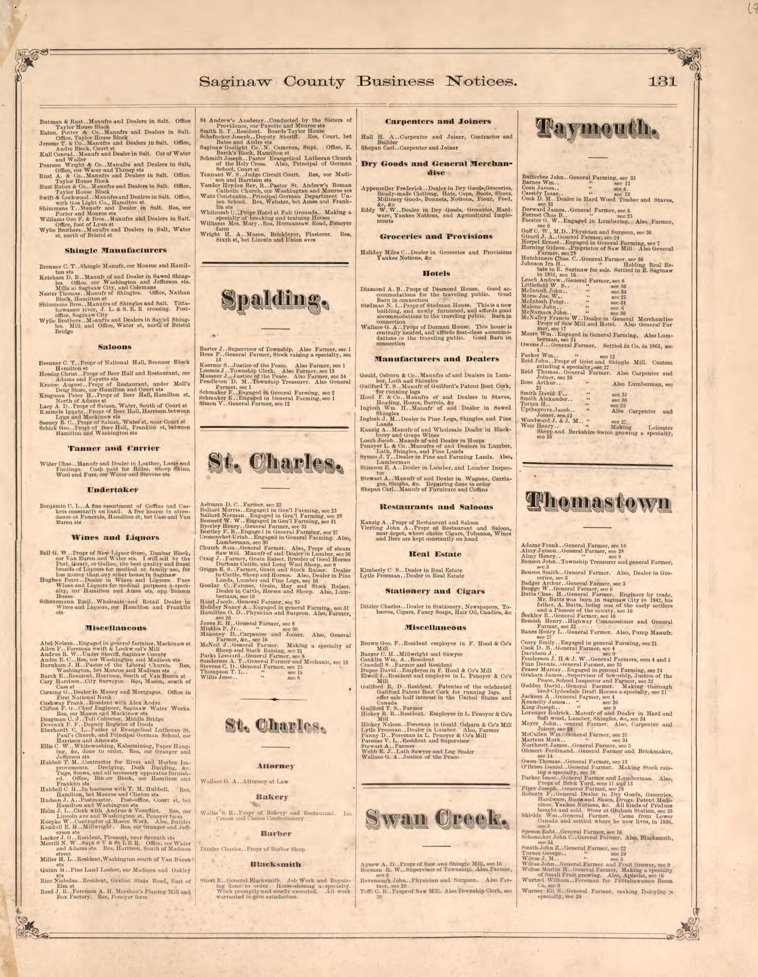 Business Notices, P. 7 from Atlas of Saginaw County, Michigan : from Recent and Actual Surveys and Records 1877 by Relic Map Company