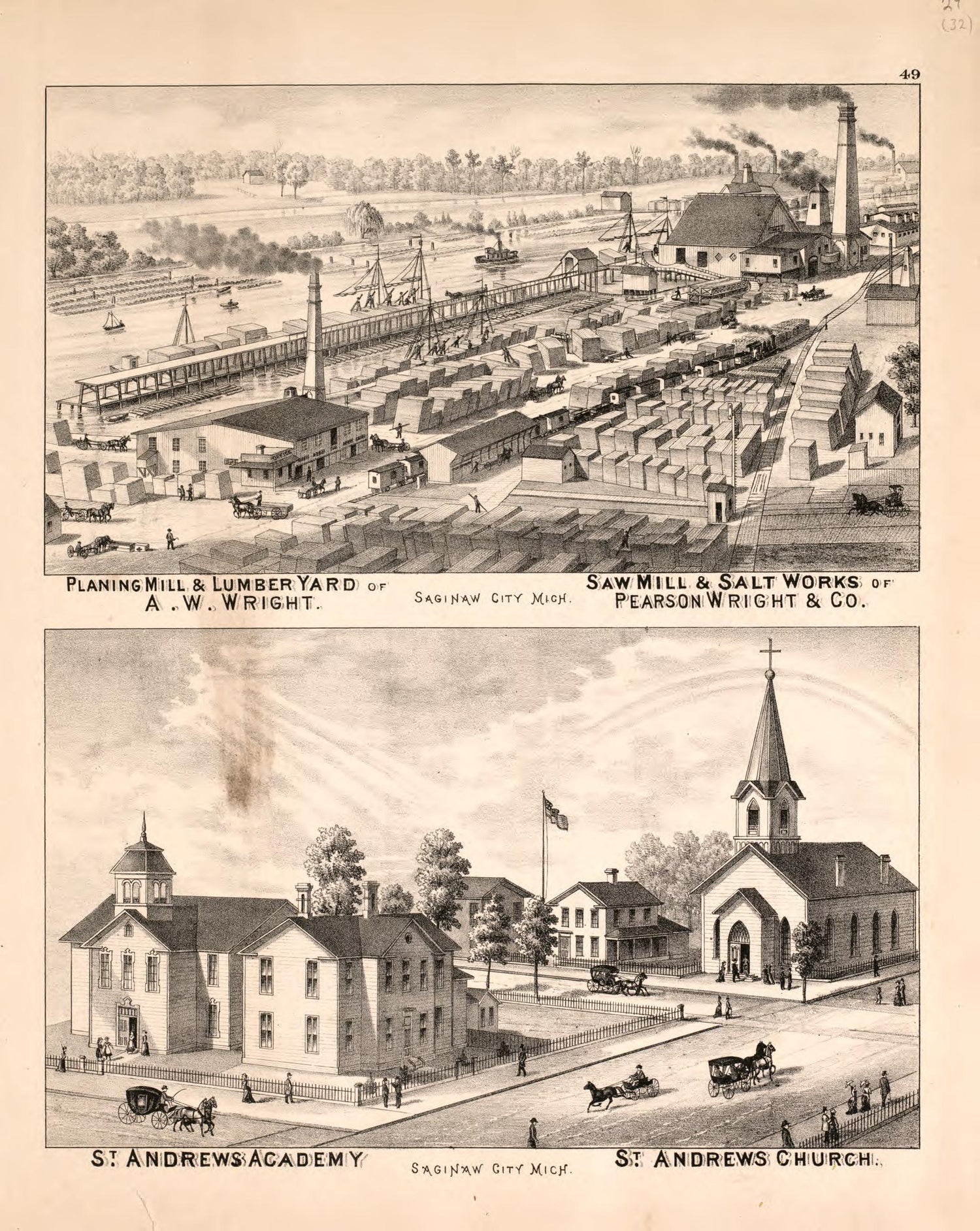 2 Views of Saginaw City from Atlas of Saginaw County, Michigan : from Recent and Actual Surveys and Records 1877 by Relic Map Company