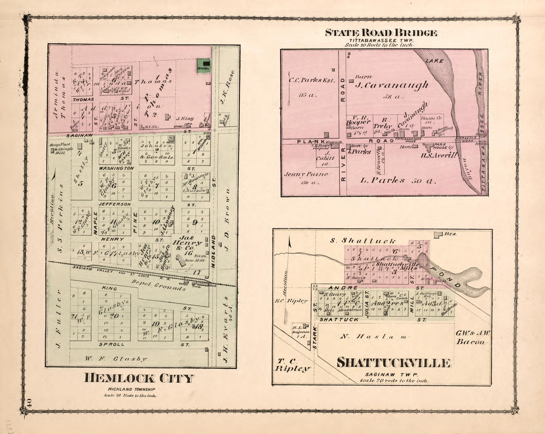 Hemlock City, State Road Bridge, Shattuckville from Atlas of Saginaw County, Michigan : from Recent and Actual Surveys and Records 1877 by Relic Map Company