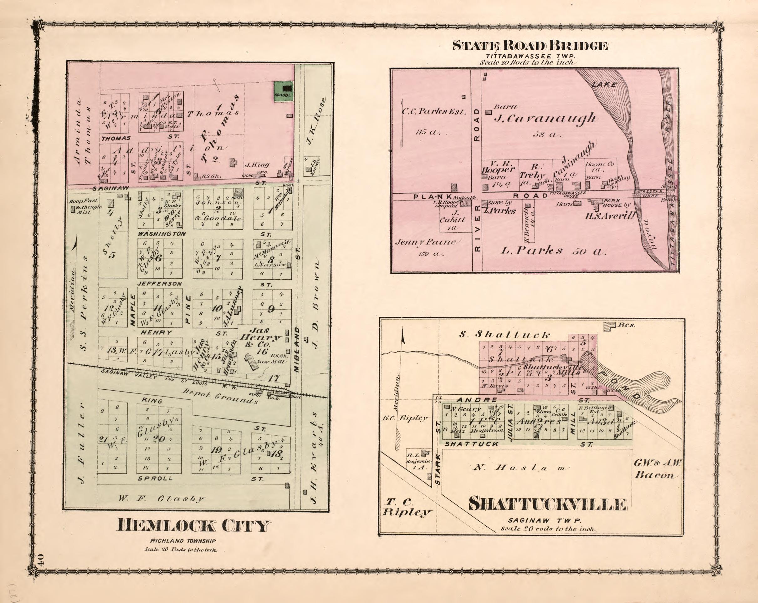 Hemlock City, State Road Bridge, Shattuckville from Atlas of Saginaw County, Michigan : from Recent and Actual Surveys and Records 1877 by Relic Map Company