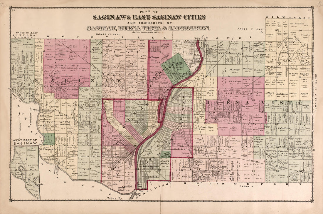 Plan of Saginaw and East Saginaw Cities from Atlas of Saginaw County, Michigan : from Recent and Actual Surveys and Records 1877 by Relic Map Company