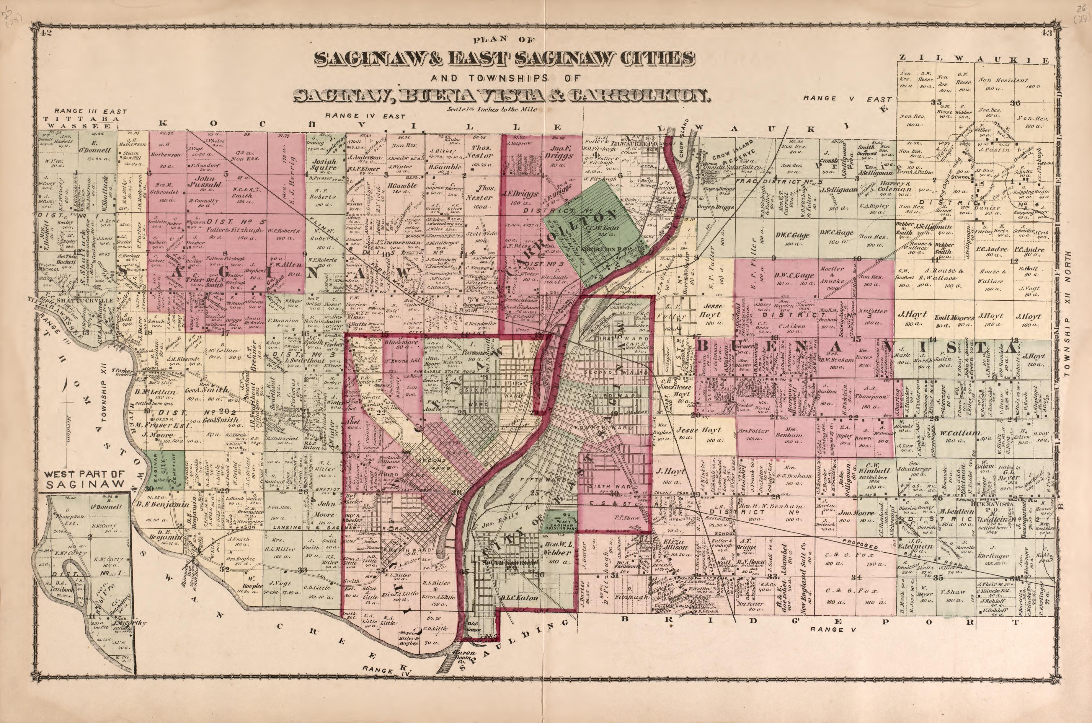 Plan of Saginaw and East Saginaw Cities from Atlas of Saginaw County, Michigan : from Recent and Actual Surveys and Records 1877 by Relic Map Company