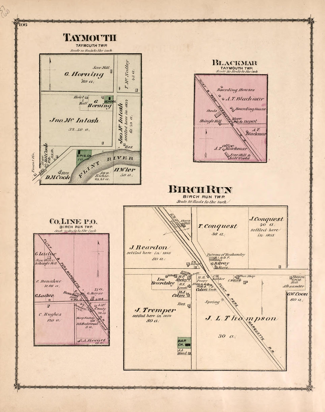 Taymouth, Blackmar, County Line P.O., Birch Run from Atlas of Saginaw County, Michigan : from Recent and Actual Surveys and Records 1877 by Relic Map Company