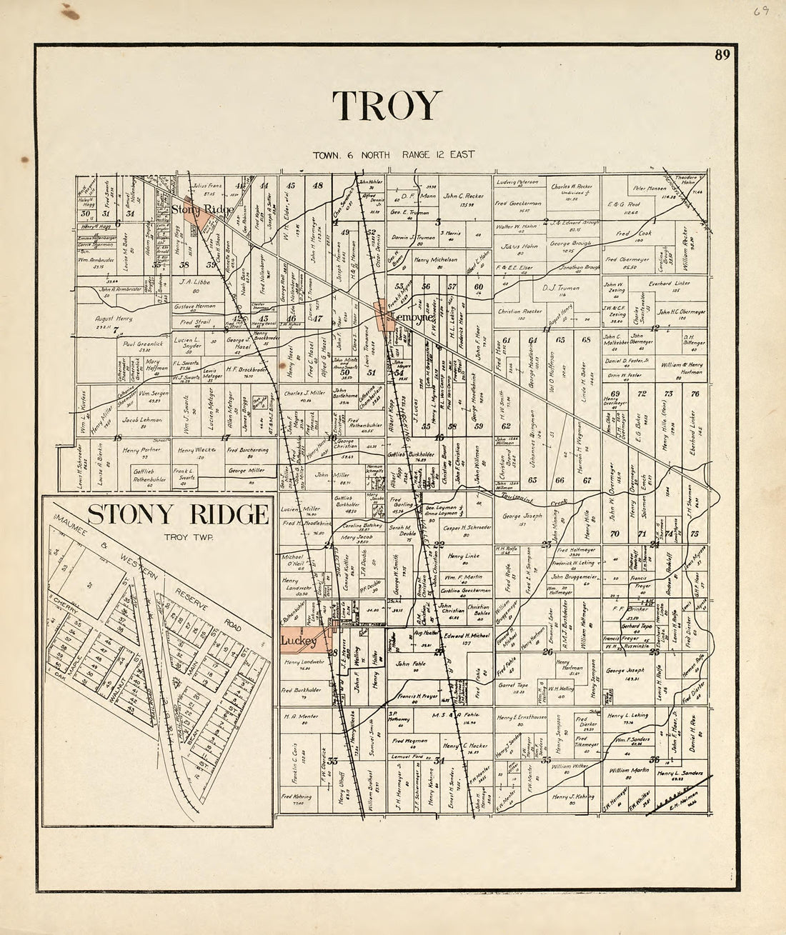 Troy; Stony Ridge from an Atlas of Wood County, Ohio 1912 by Relic Map Company