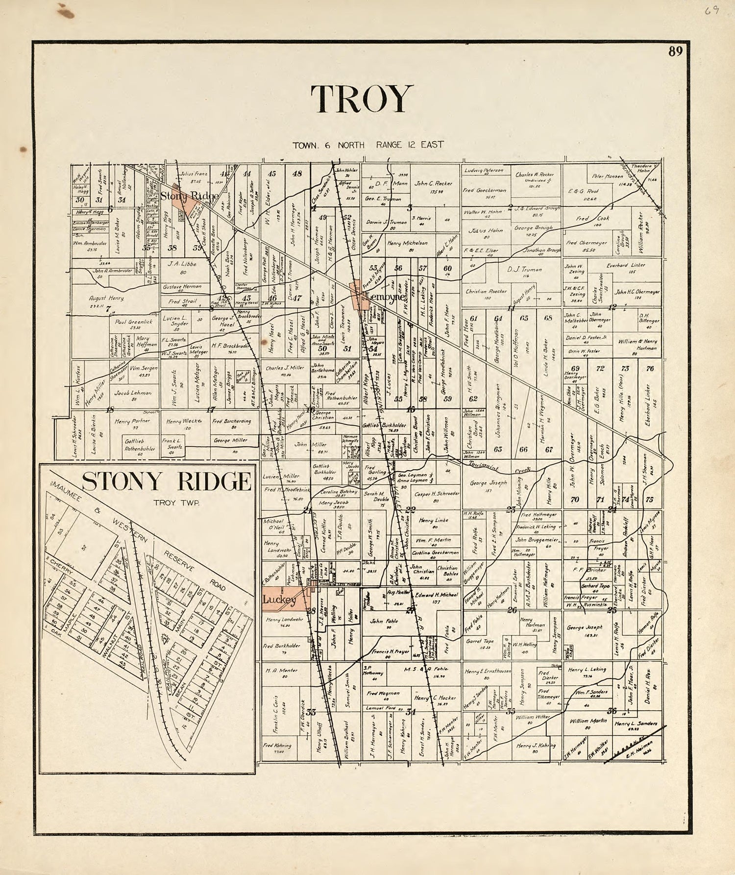 Troy; Stony Ridge from an Atlas of Wood County, Ohio 1912 by Relic Map Company