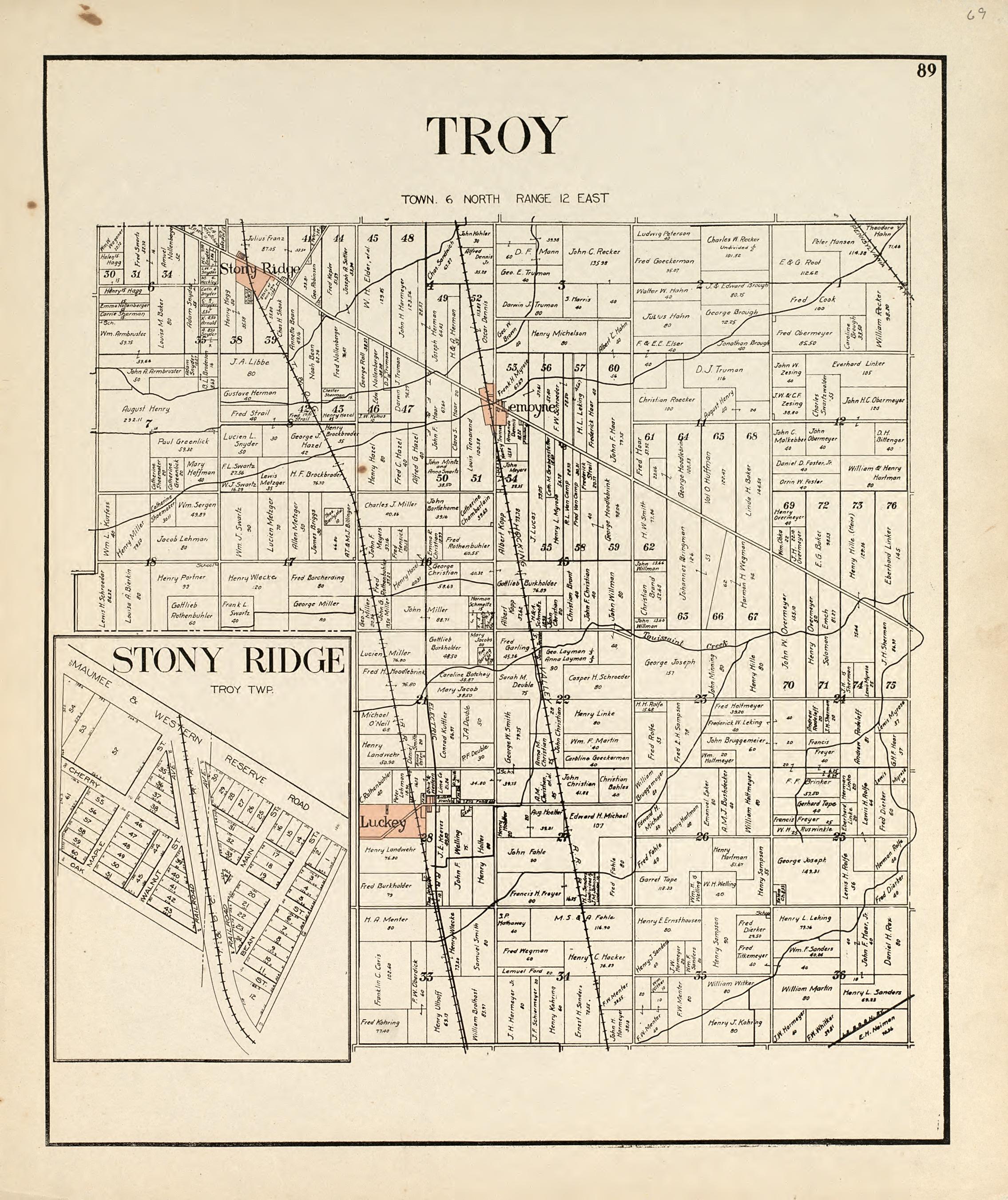 Troy; Stony Ridge from an Atlas of Wood County, Ohio 1912 by Relic Map Company