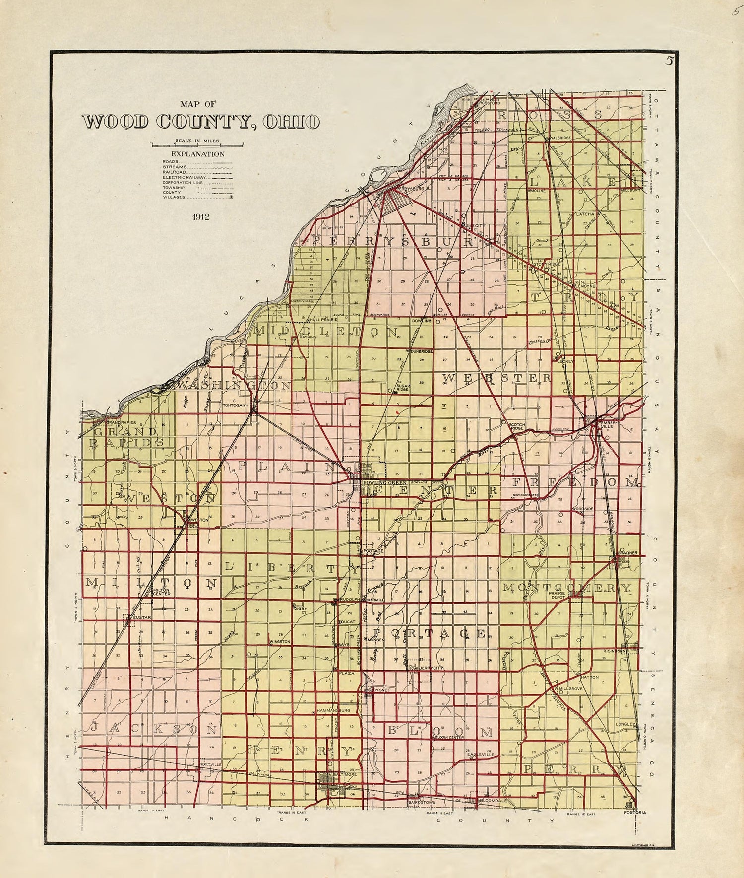 Map of Wood County, Ohio Showing Rural Delivery Service and Voting Precincts from an Atlas of Wood County, Ohio 1912 by Relic Map Company