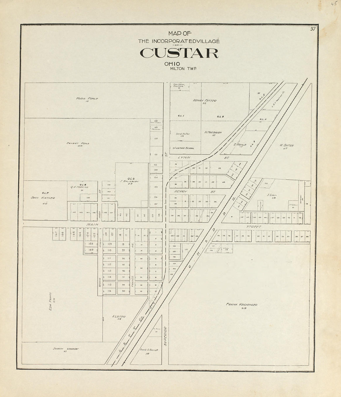Map of the Incorporated Village of Custar, Ohio from an Atlas of Wood County, Ohio 1912 by Relic Map Company
