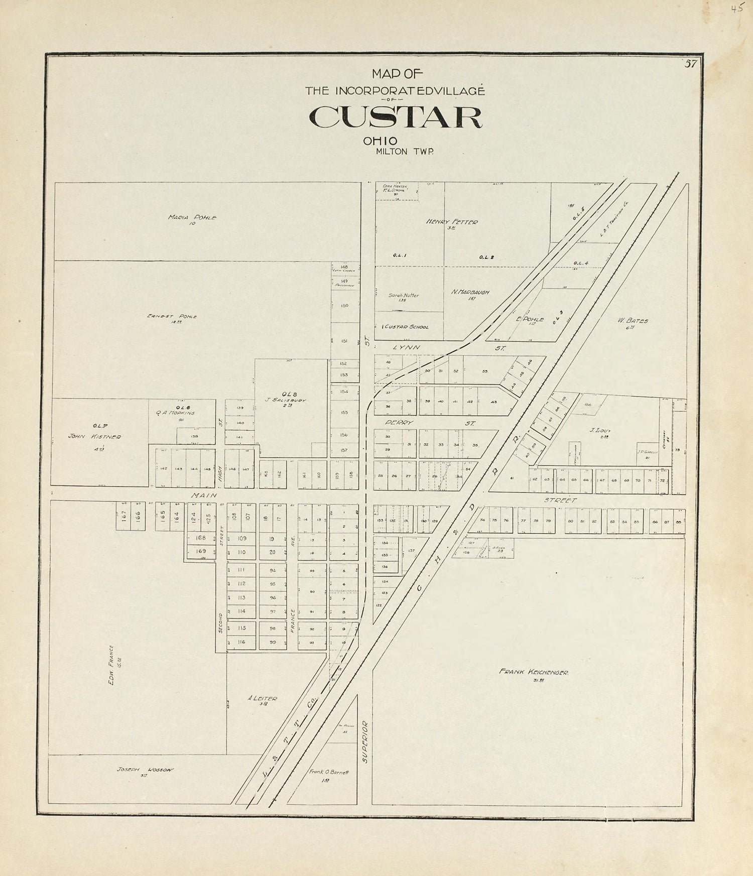 Map of the Incorporated Village of Custar, Ohio from an Atlas of Wood County, Ohio 1912 by Relic Map Company