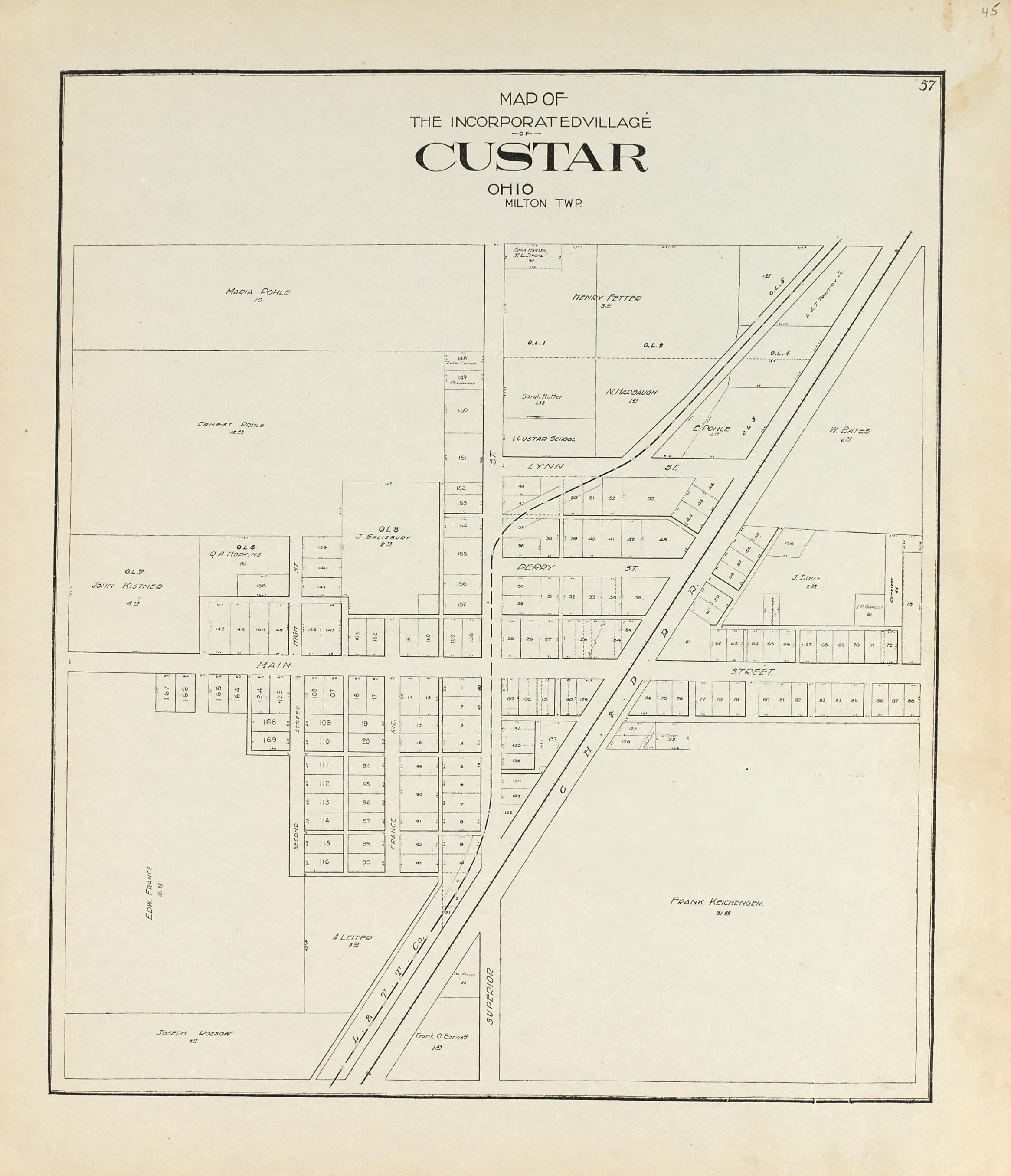 Map of the Incorporated Village of Custar, Ohio from an Atlas of Wood County, Ohio 1912 by Relic Map Company