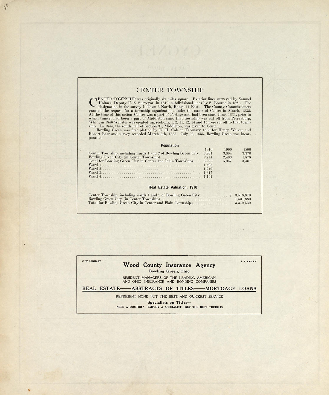 Center Township from an Atlas of Wood County, Ohio 1912 by Relic Map Company