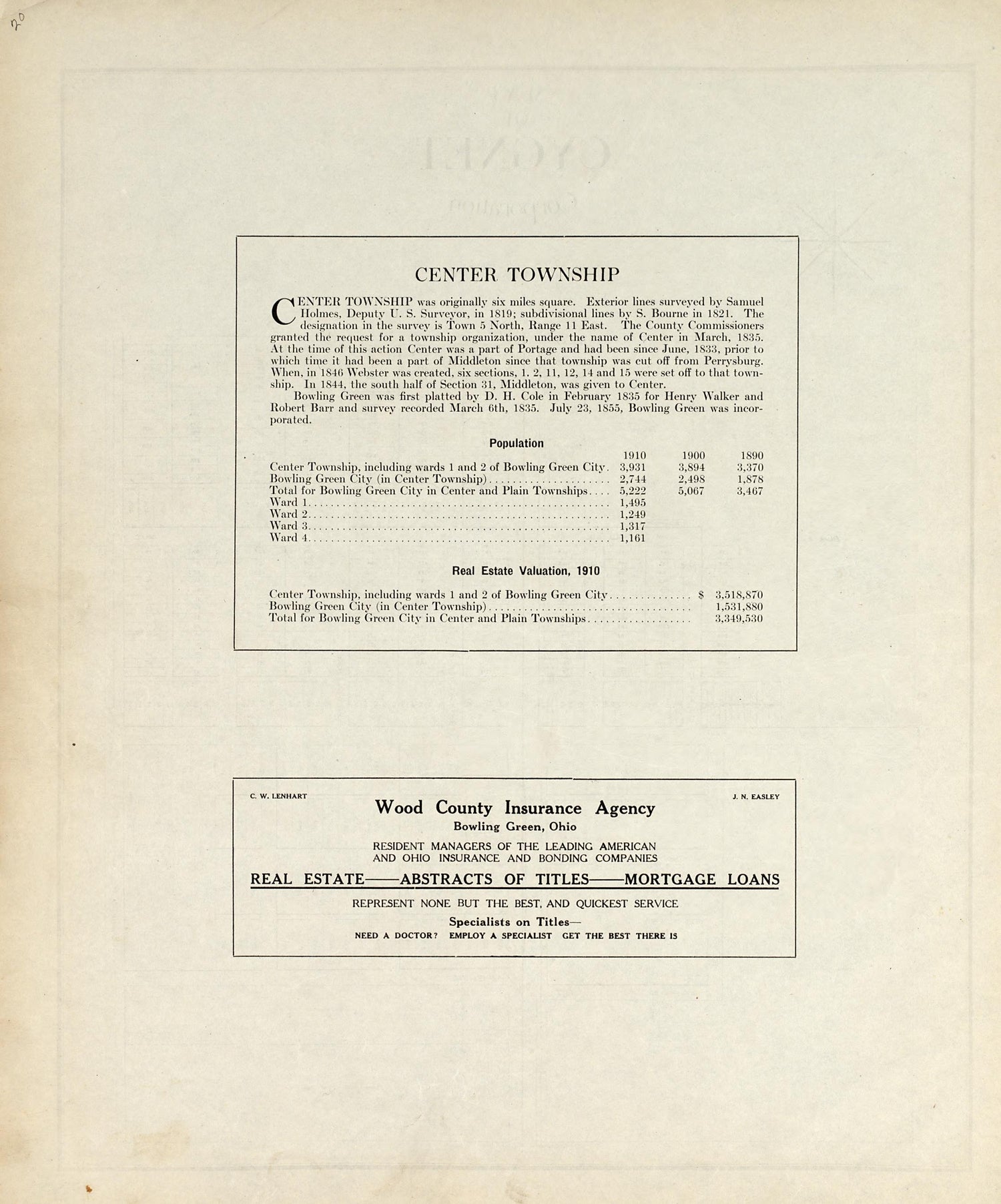 Center Township from an Atlas of Wood County, Ohio 1912 by Relic Map Company