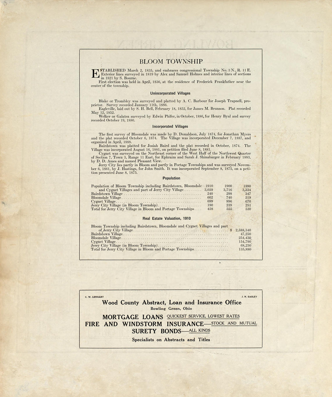 Bloom Township from an Atlas of Wood County, Ohio 1912 by Relic Map Company