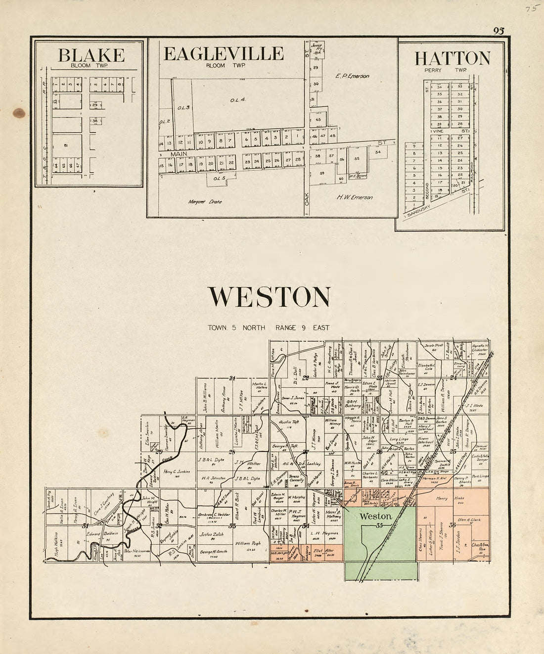 Blake; Eagleville; Hatton; Weston from an Atlas of Wood County, Ohio 1912 by Relic Map Company