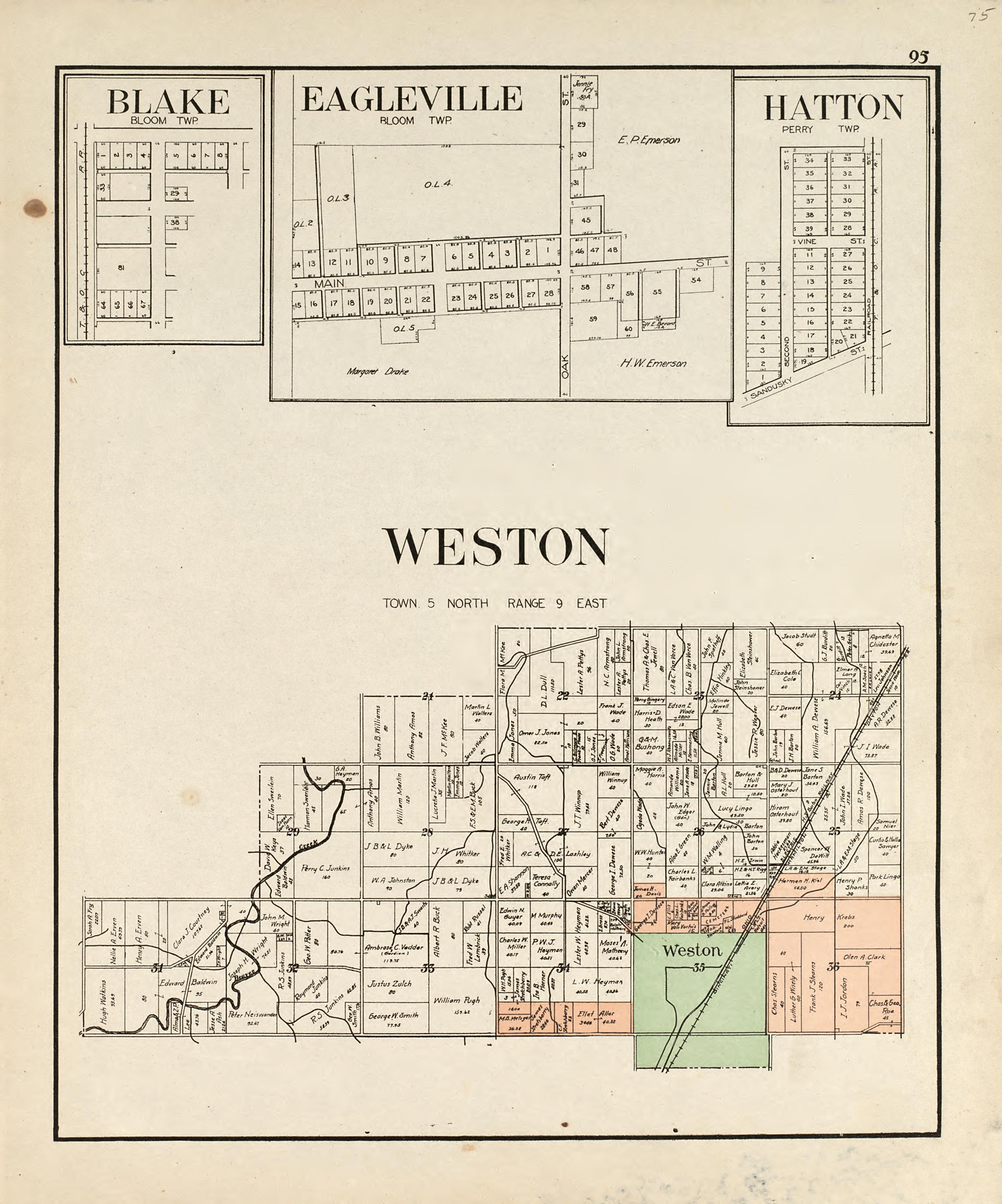 Blake; Eagleville; Hatton; Weston from an Atlas of Wood County, Ohio 1912 by Relic Map Company