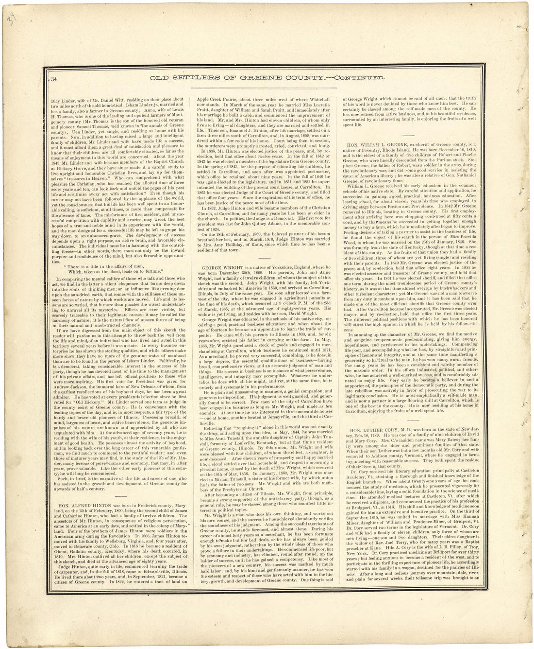 Old Settlers of Greene County, Illinois -- Continued from Atlas Map of Greene County, Illinois 1873 by Relic Map Company