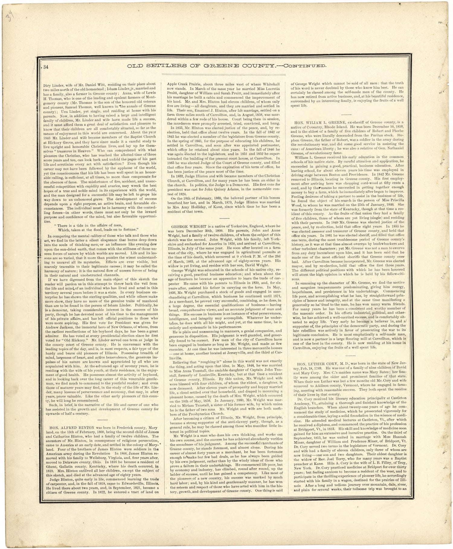 Old Settlers of Greene County, Illinois -- Continued from Atlas Map of Greene County, Illinois 1873 by Relic Map Company