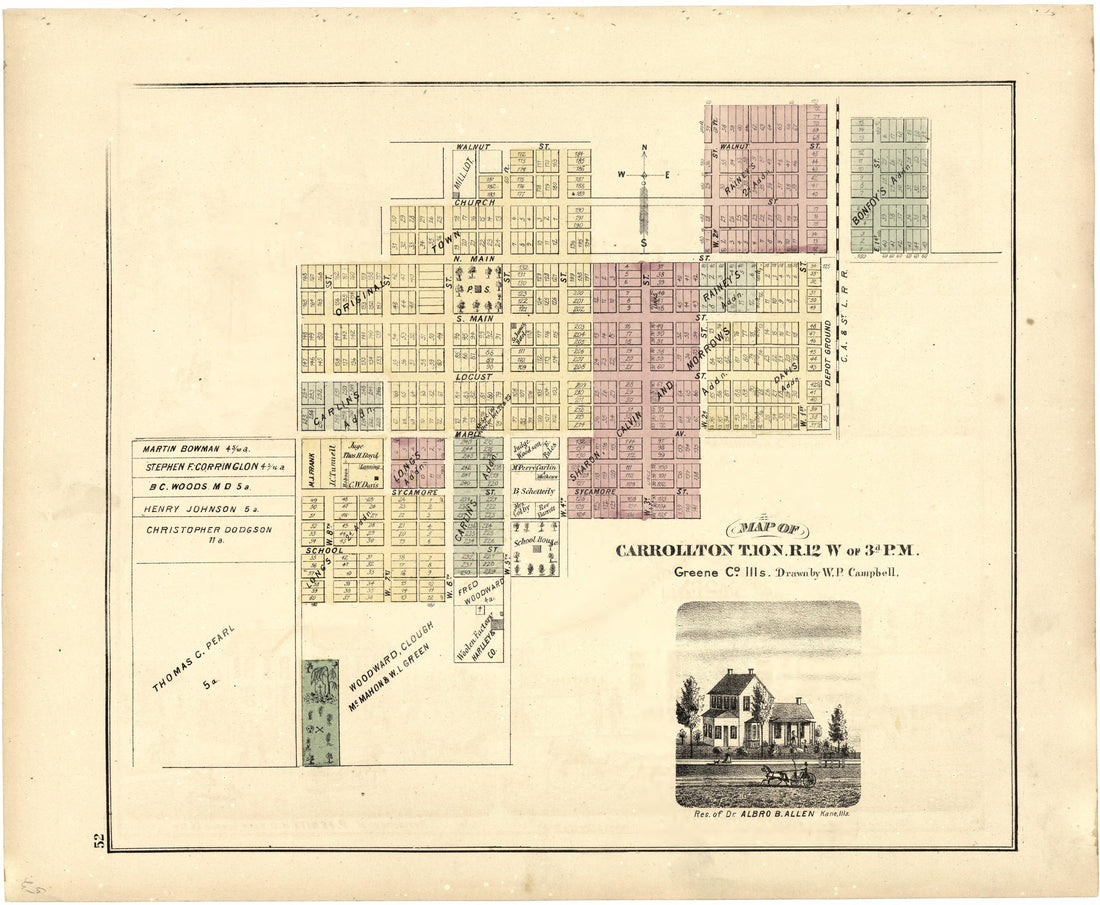 Map of Carrollton T.10 N. R.12 W of 3rd P.M. from Atlas Map of Greene County, Illinois 1873 by Relic Map Company