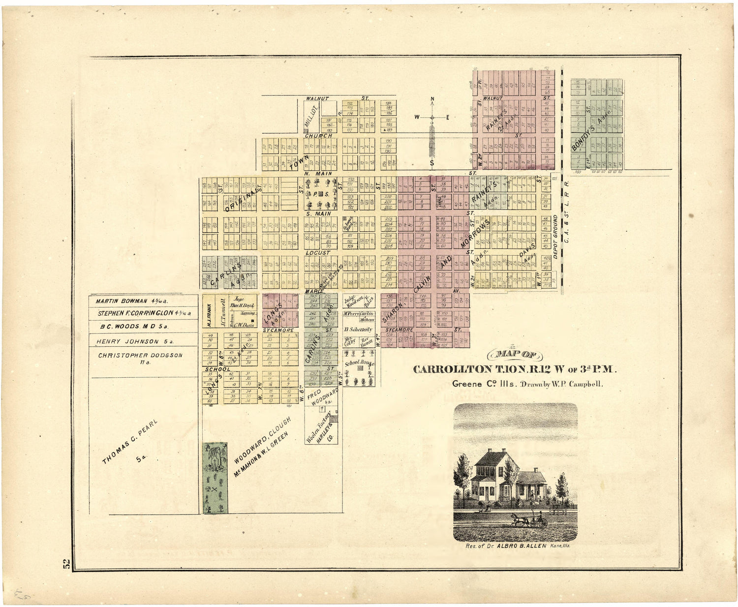 Map of Carrollton T.10 N. R.12 W of 3rd P.M. from Atlas Map of Greene County, Illinois 1873 by Relic Map Company