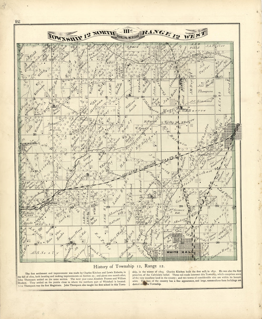 Township 12 North Range 12 W from Atlas Map of Greene County, Illinois 1873 by Relic Map Company