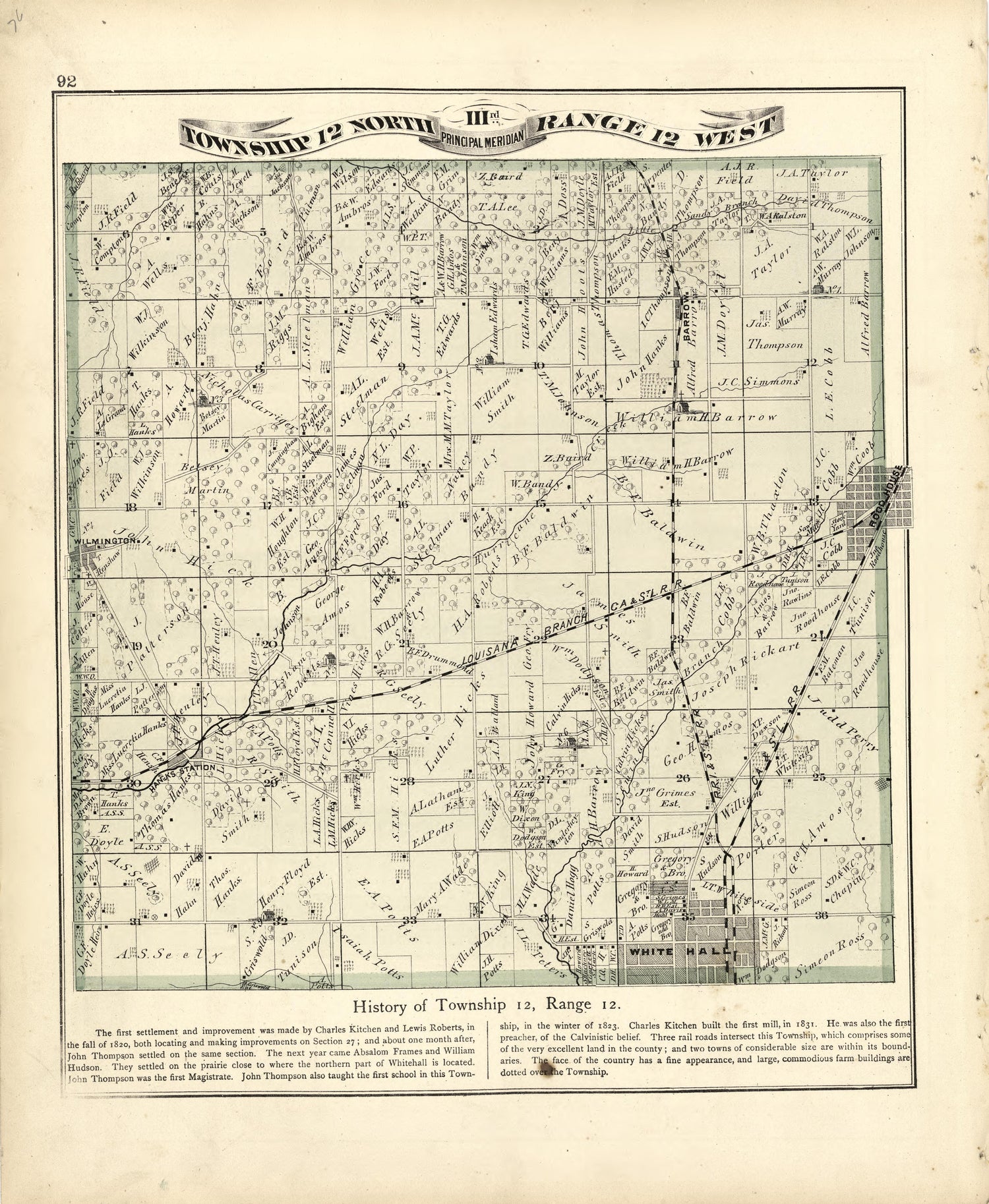 Township 12 North Range 12 W from Atlas Map of Greene County, Illinois 1873 by Relic Map Company