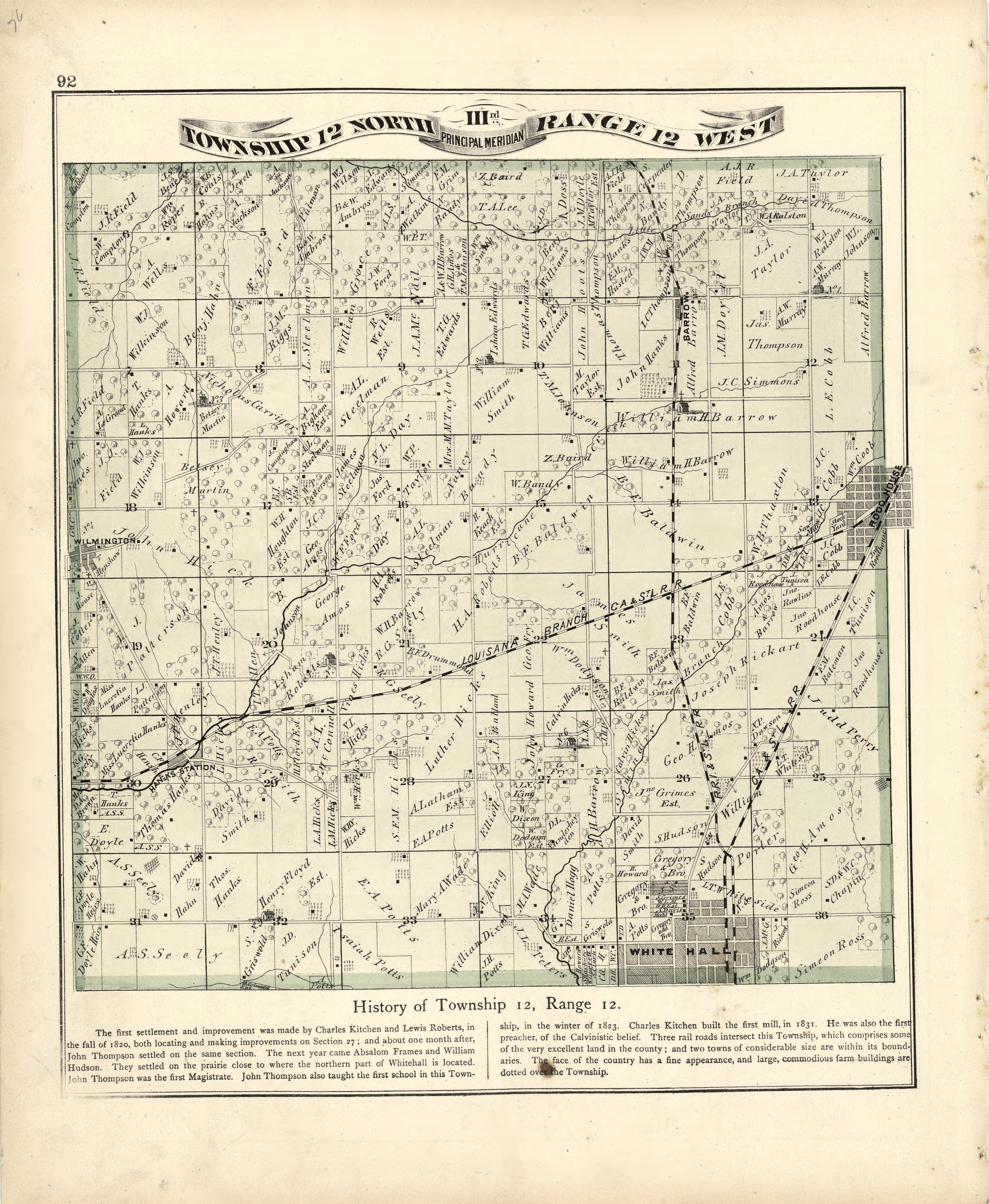 Township 12 North Range 12 W from Atlas Map of Greene County, Illinois 1873 by Relic Map Company