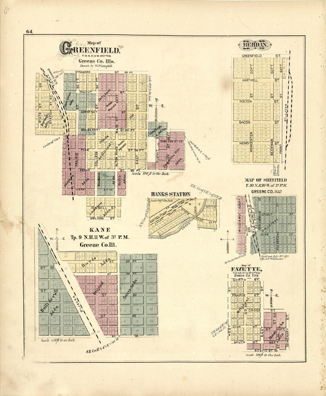 Map of Greenfield from Atlas Map of Greene County, Illinois 1873 by Relic Map Company