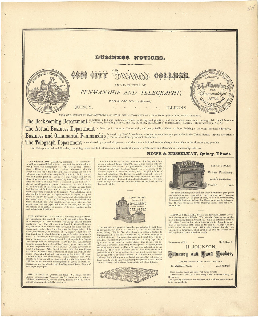 Business Notices from Atlas Map of Greene County, Illinois 1873 by Relic Map Company