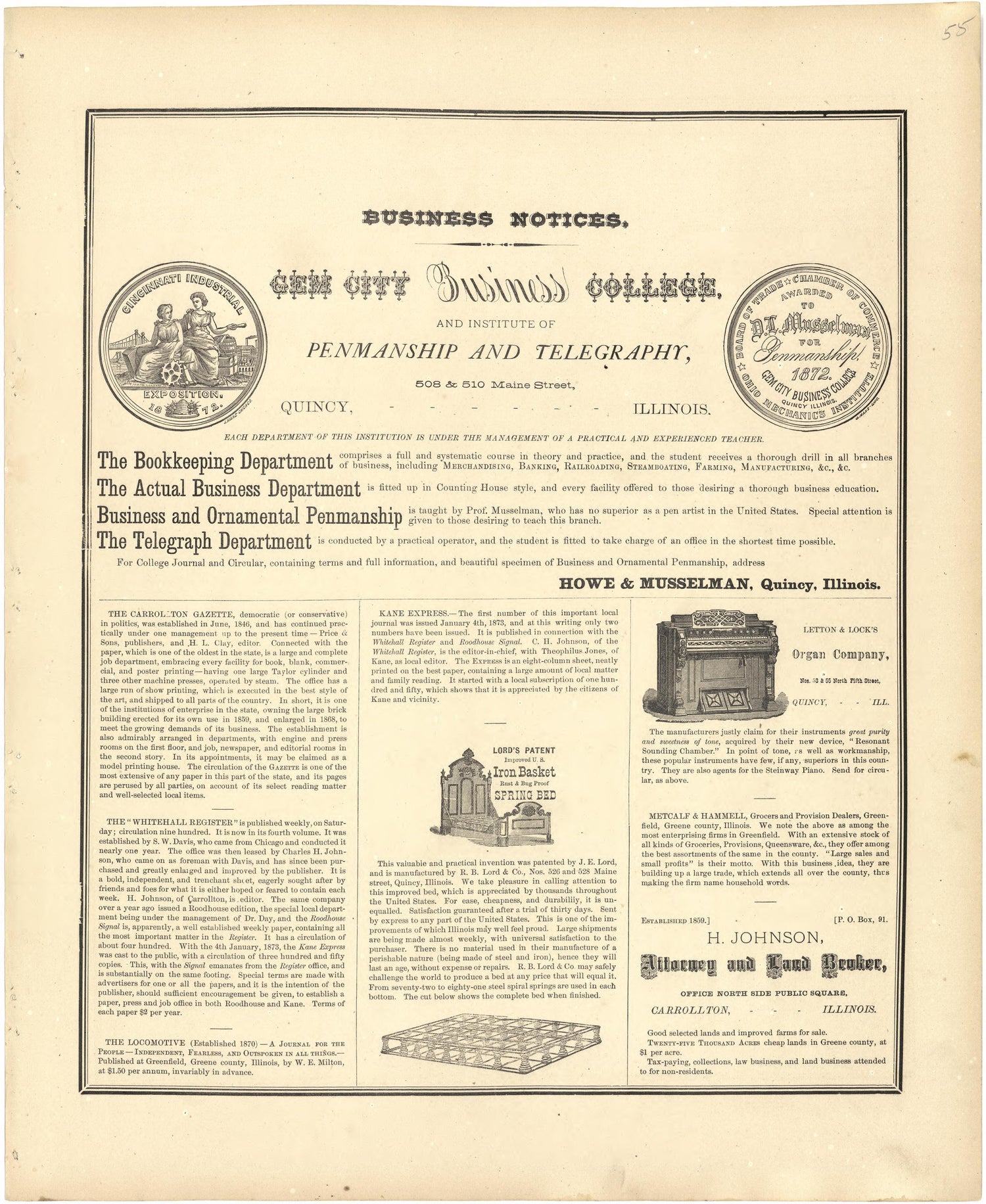 Business Notices from Atlas Map of Greene County, Illinois 1873 by Relic Map Company