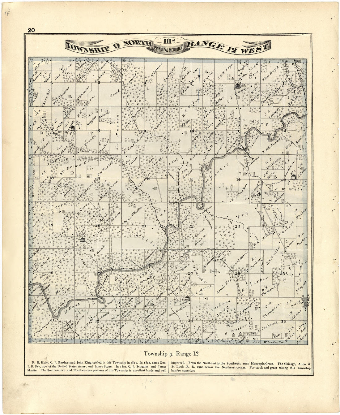 Township 9 North IIIrd Range 12 West from Atlas Map of Greene County, Illinois 1873 by Relic Map Company