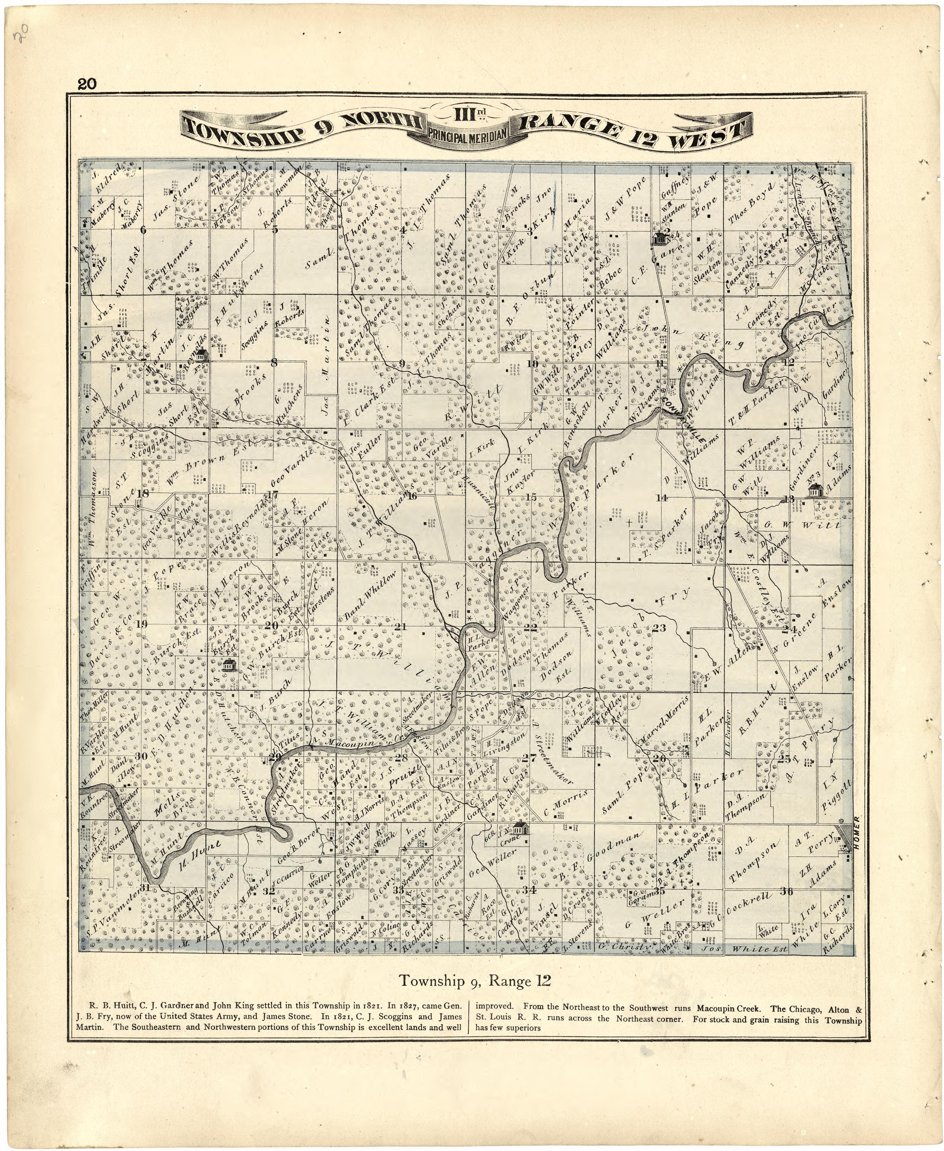 Township 9 North IIIrd Range 12 West from Atlas Map of Greene County, Illinois 1873 by Relic Map Company