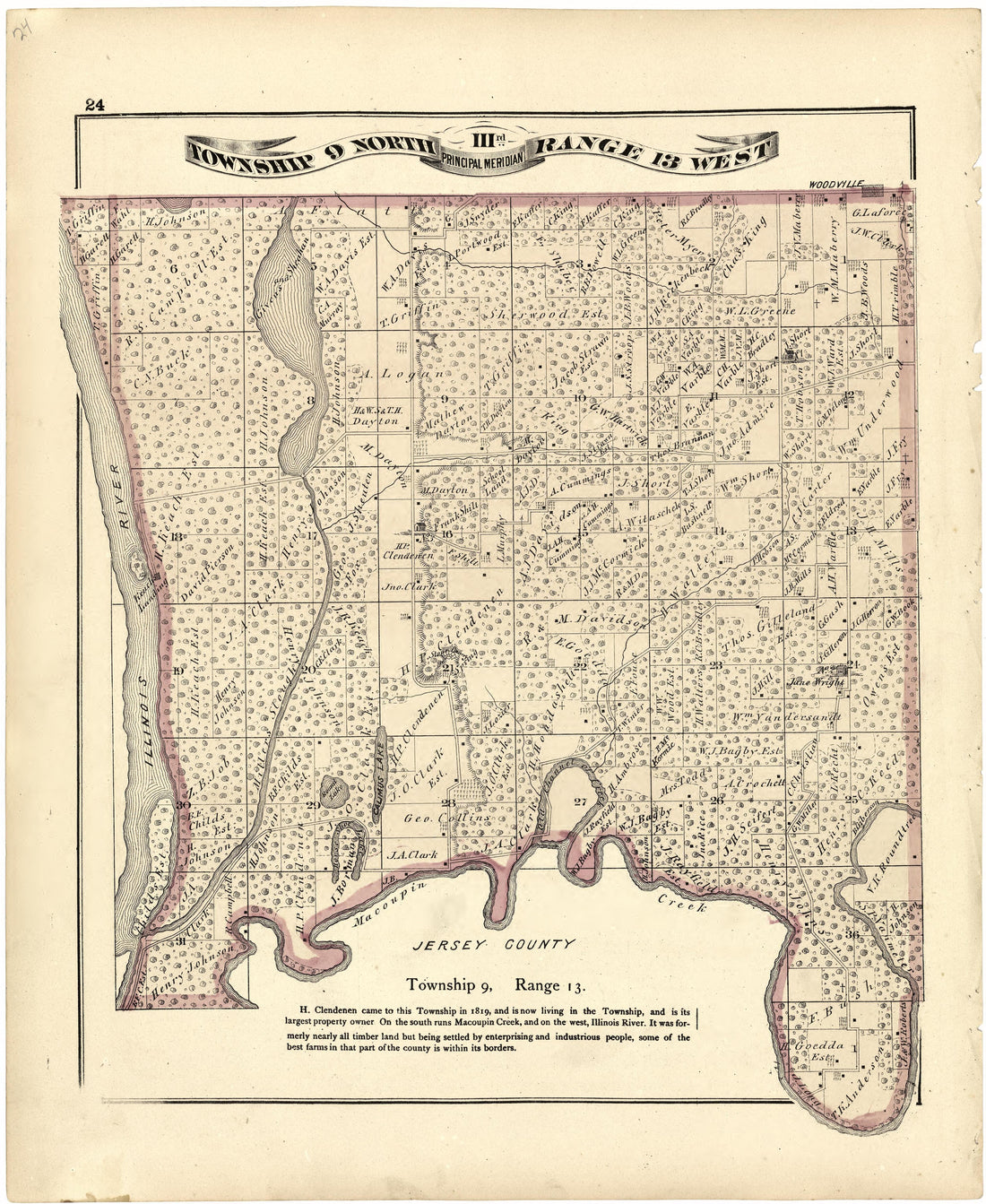 Township 9 North IIIrd Range 13 West from Atlas Map of Greene County, Illinois 1873 by Relic Map Company