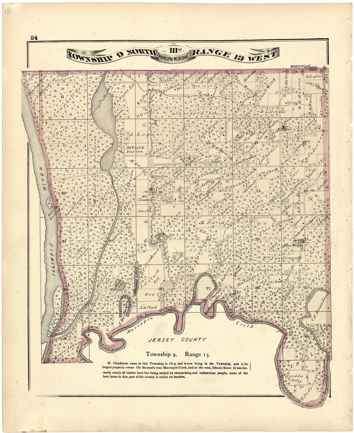 Township 9 North IIIrd Range 13 West from Atlas Map of Greene County, Illinois 1873 by Relic Map Company