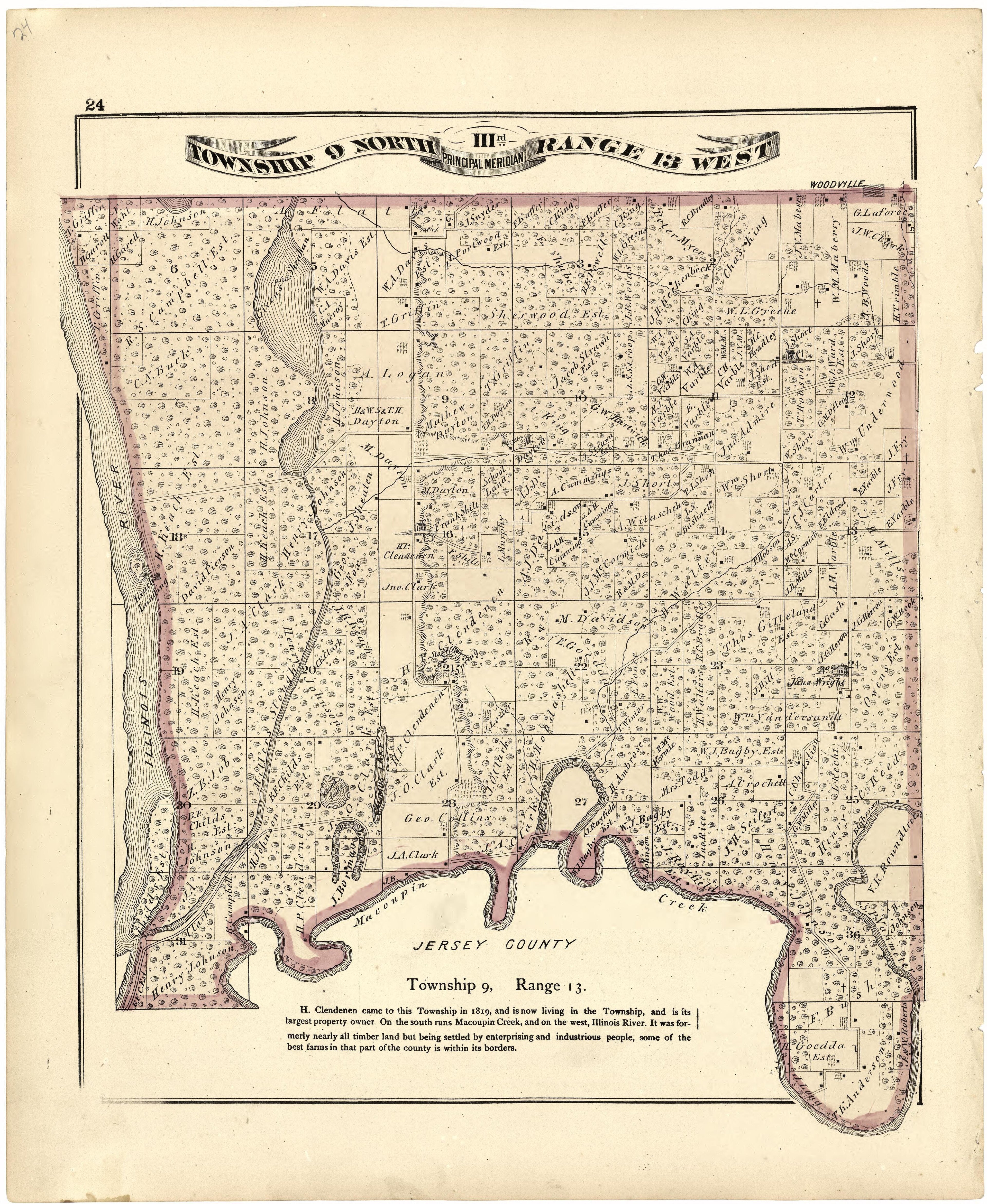 Township 9 North IIIrd Range 13 West from Atlas Map of Greene County, Illinois 1873 by Relic Map Company