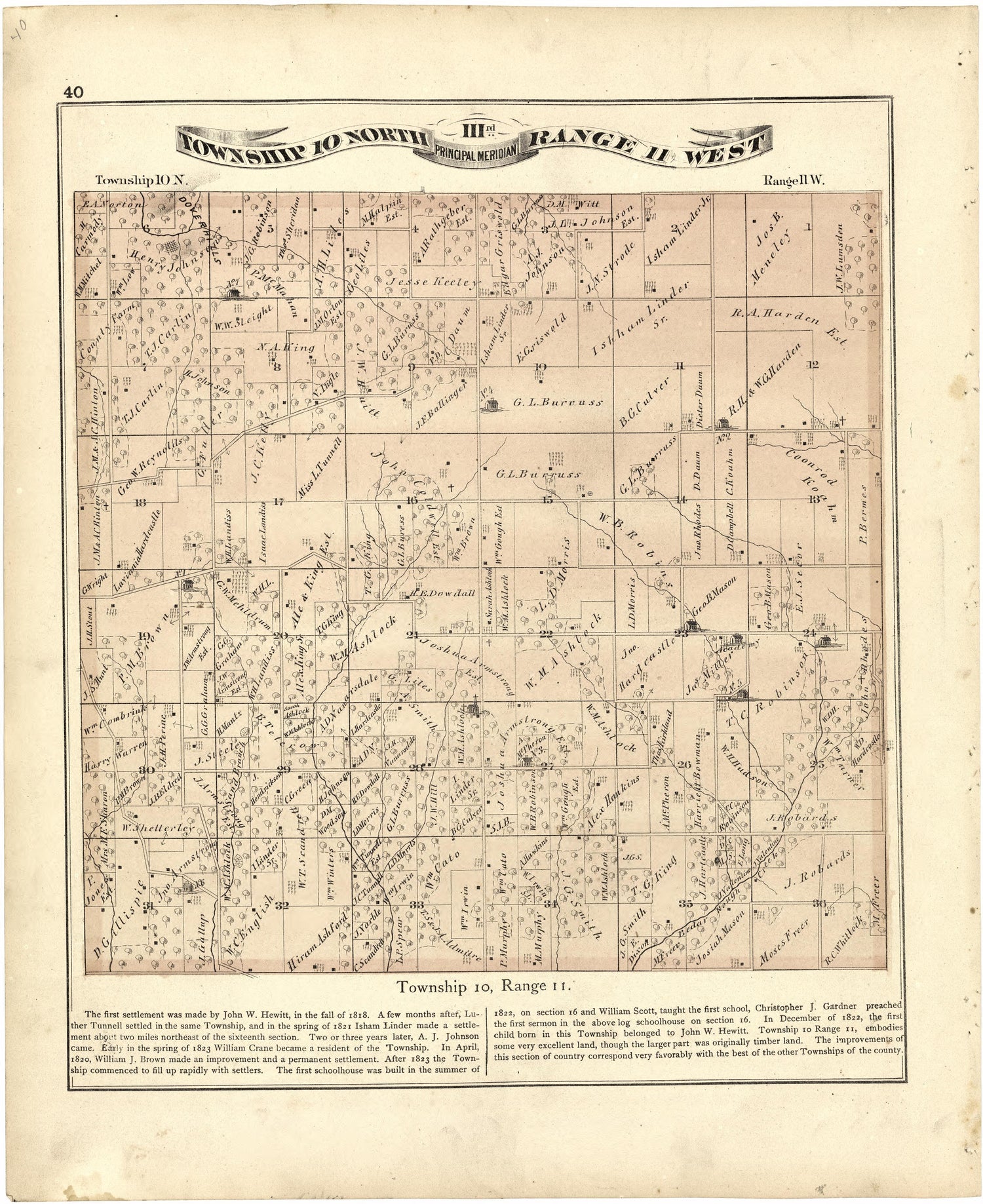 Township 10 North Range 11 West from Atlas Map of Greene County, Illinois 1873 by Relic Map Company