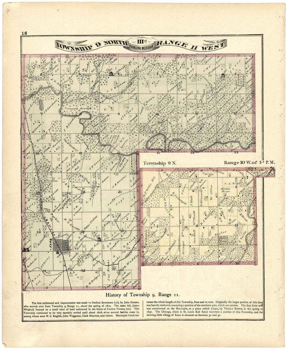 Township 9 North IIIrd Range 11 West from Atlas Map of Greene County, Illinois 1873 by Relic Map Company