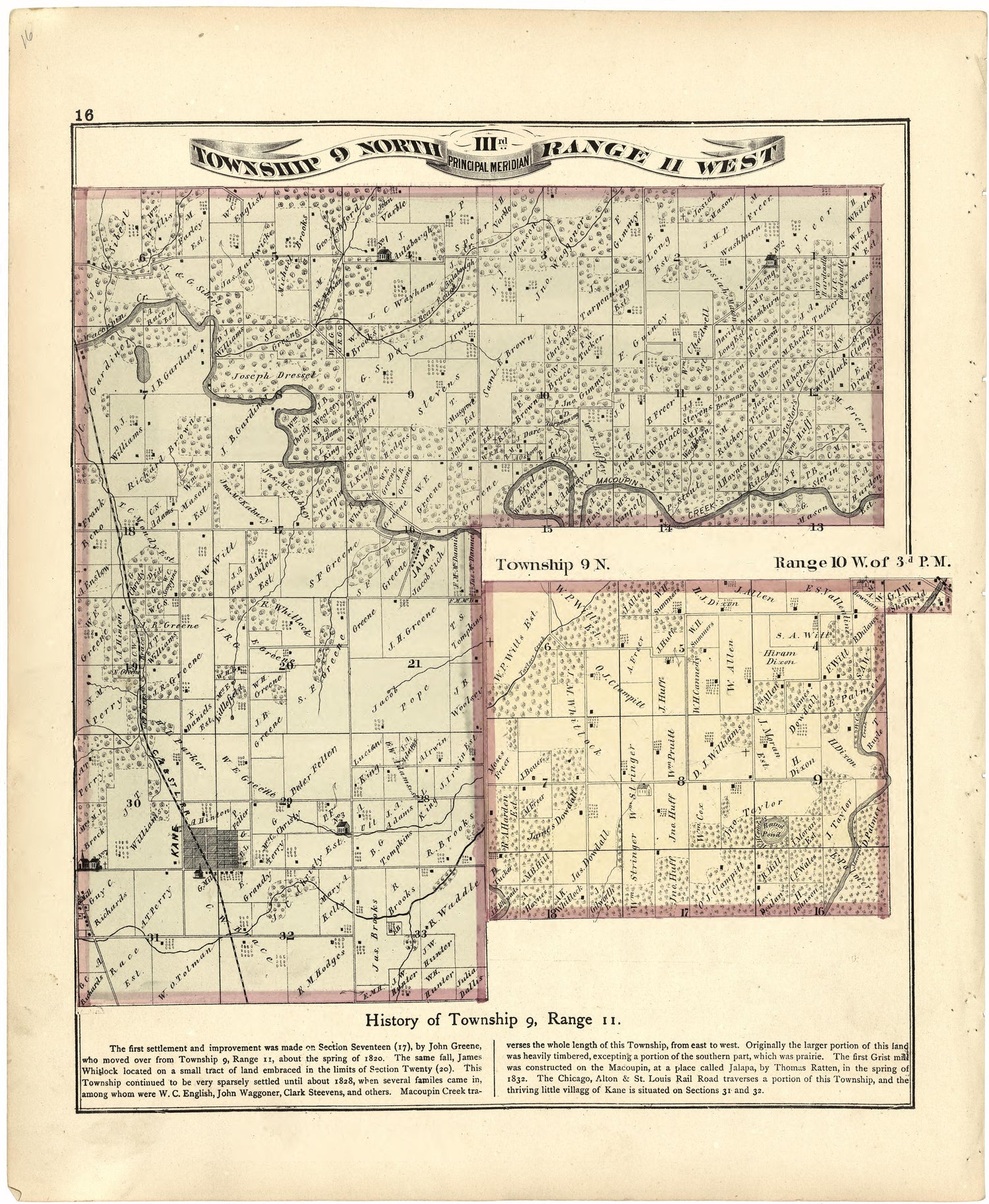 Township 9 North IIIrd Range 11 West from Atlas Map of Greene County, Illinois 1873 by Relic Map Company