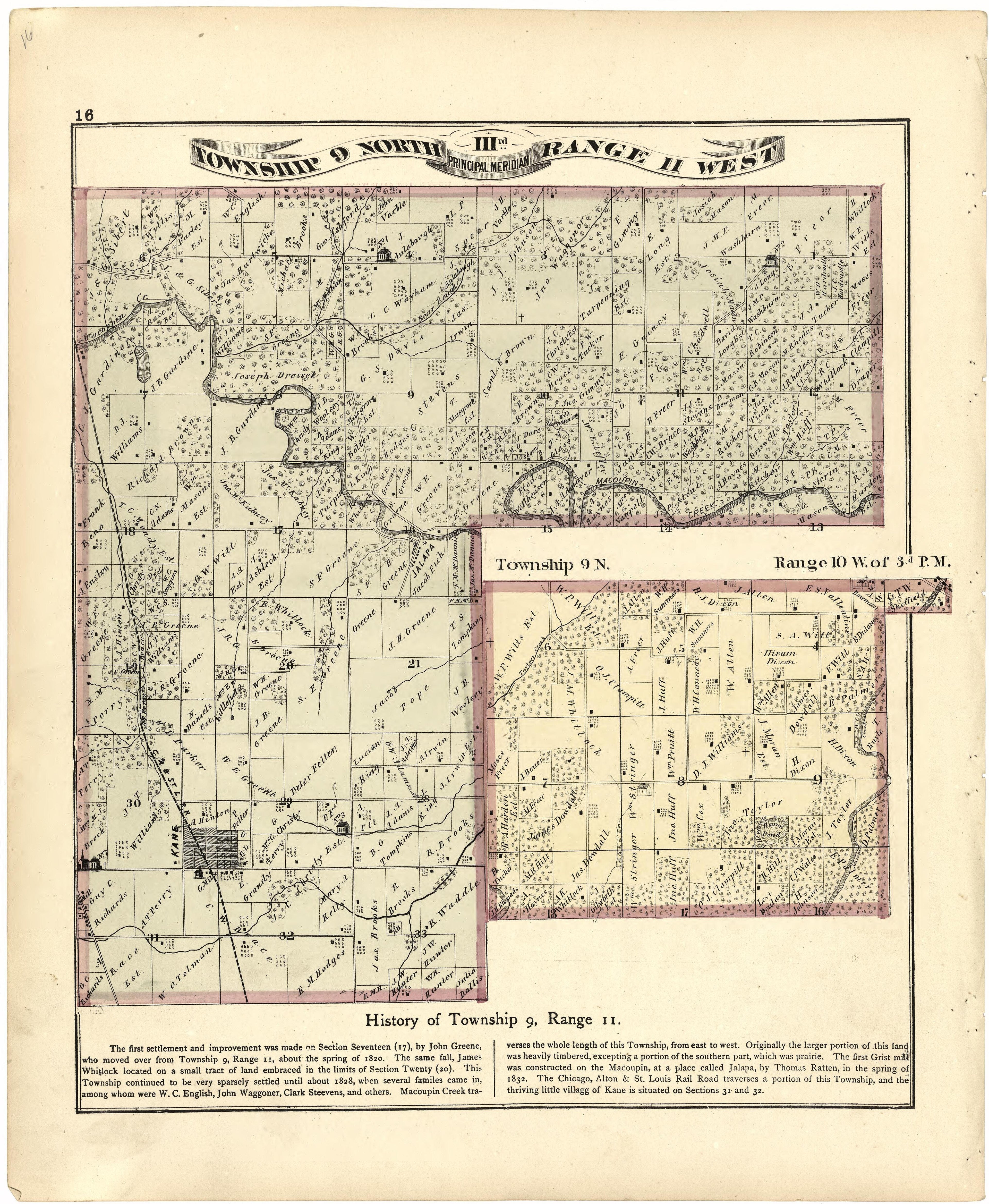 Township 9 North IIIrd Range 11 West from Atlas Map of Greene County, Illinois 1873 by Relic Map Company