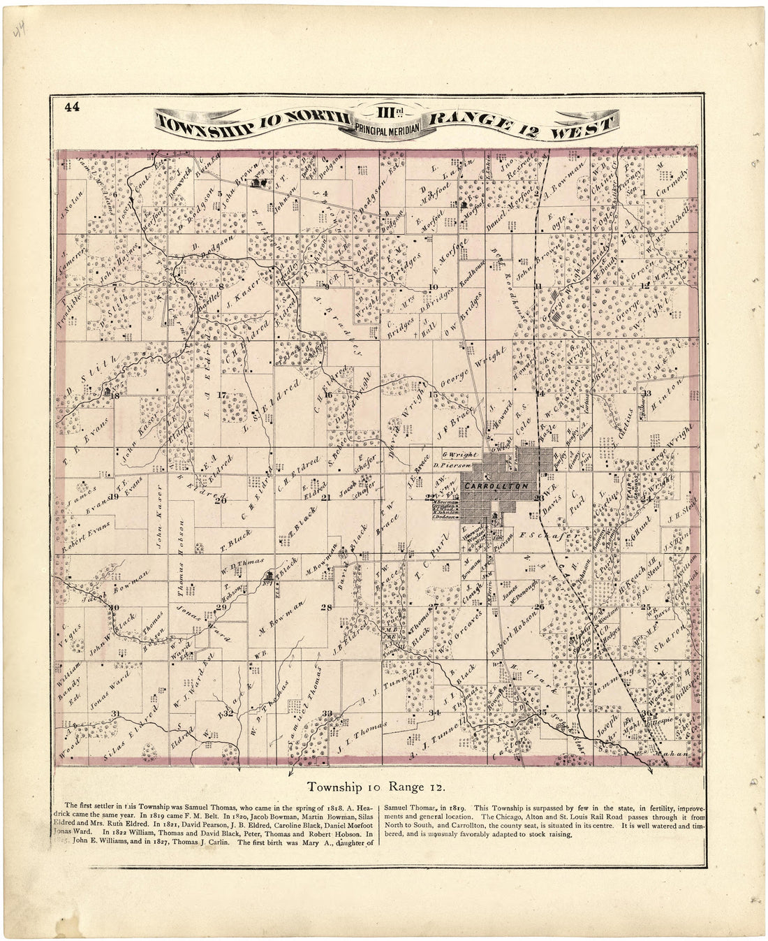 Township 10 North Range 12 West from Atlas Map of Greene County, Illinois 1873 by Relic Map Company