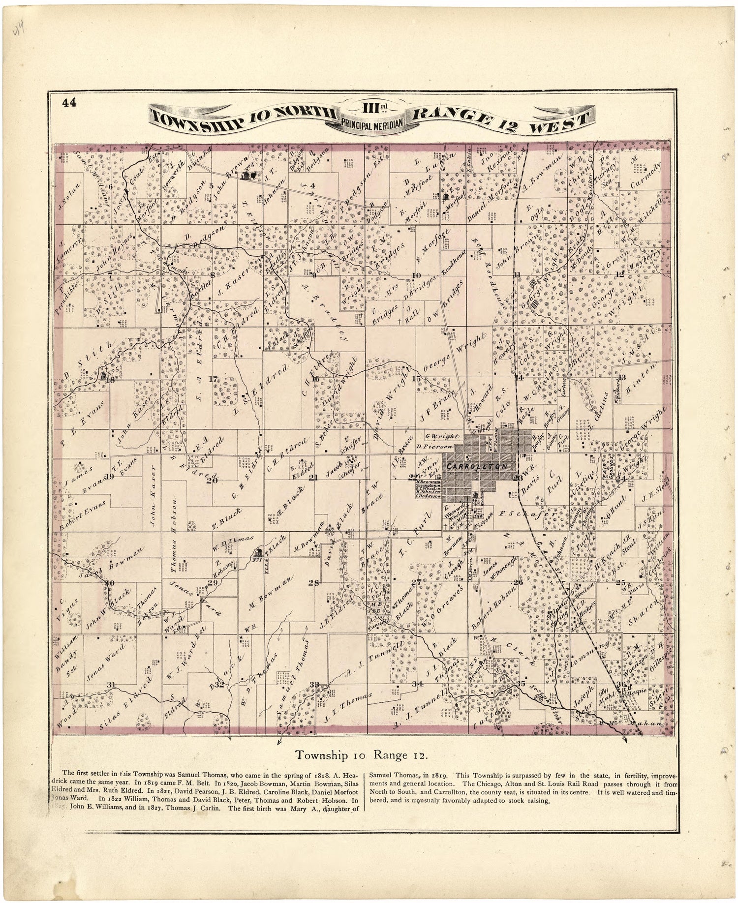 Township 10 North Range 12 West from Atlas Map of Greene County, Illinois 1873 by Relic Map Company