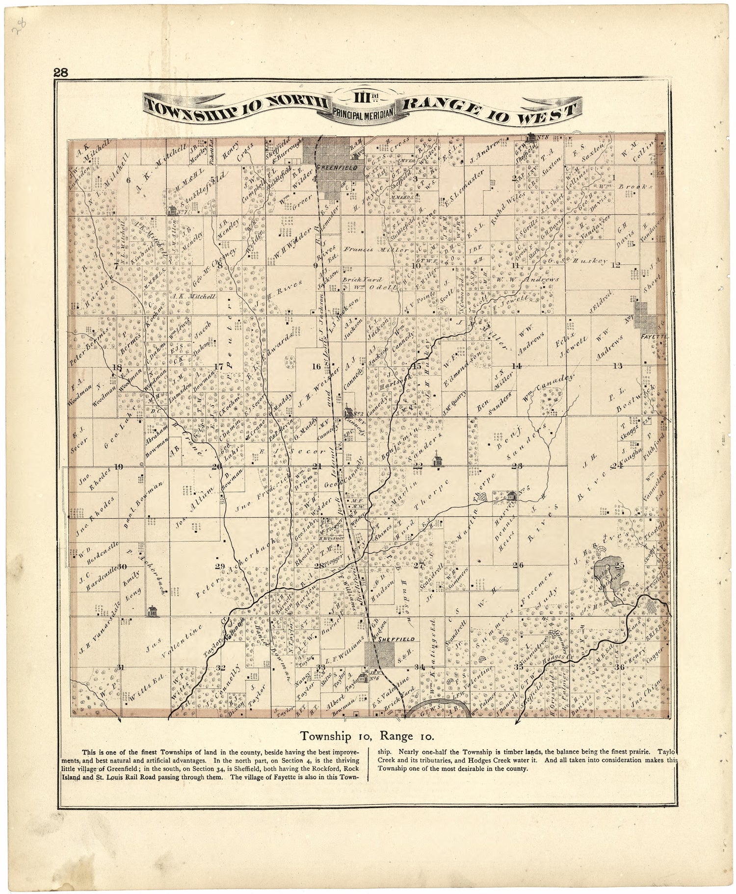 Township 10 North IIIrd Range 10 West from Atlas Map of Greene County, Illinois 1873 by Relic Map Company