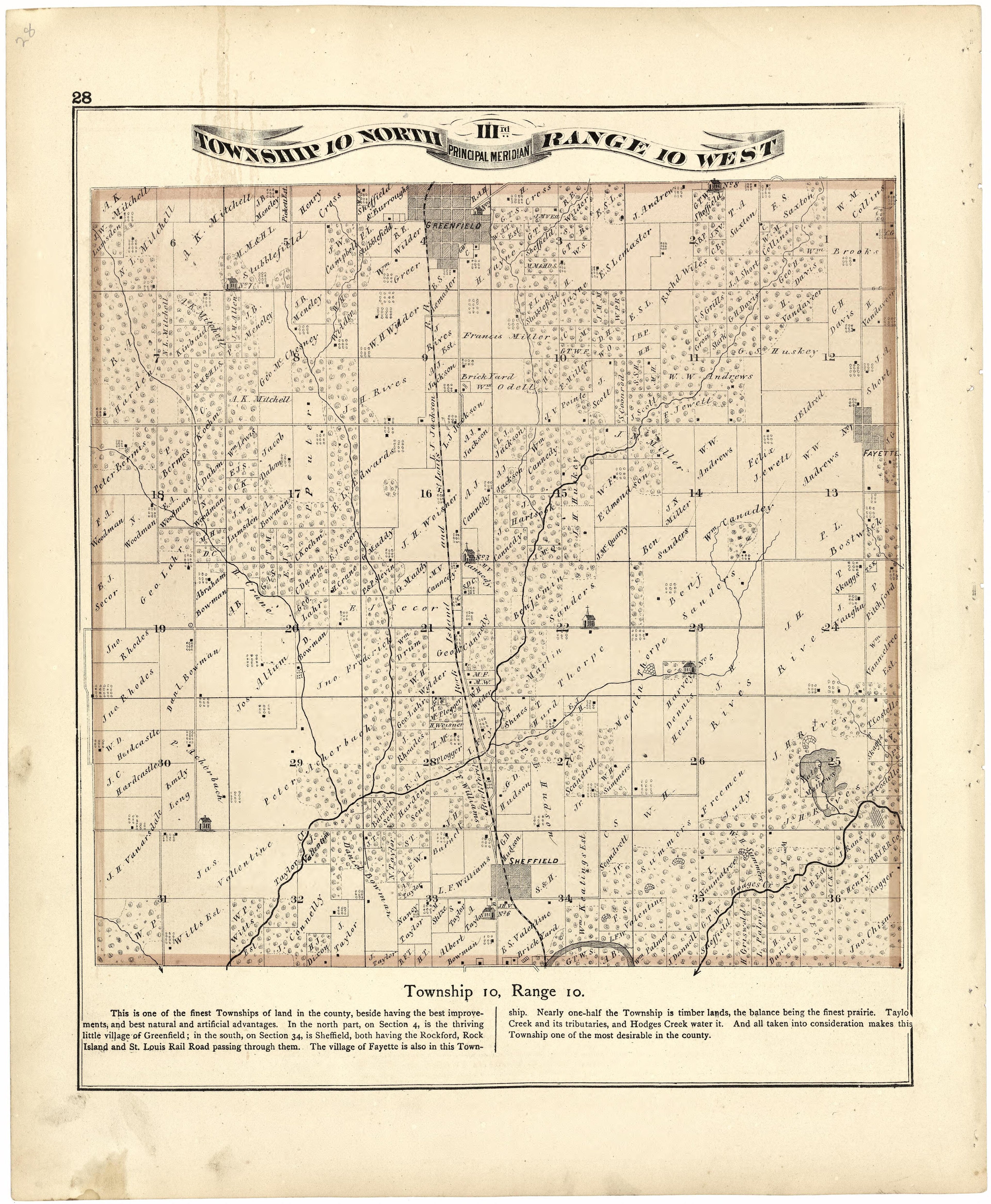 Township 10 North IIIrd Range 10 West from Atlas Map of Greene County, Illinois 1873 by Relic Map Company