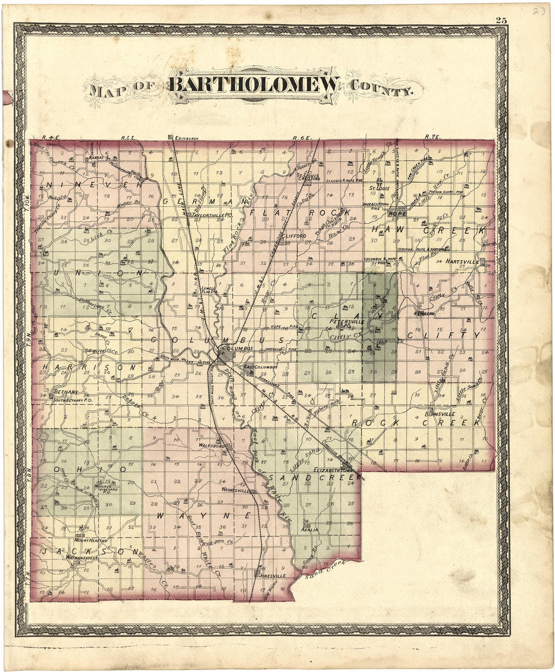 Map of Bartholomew County from Atlas of Bartholomew County, Indiana : to Which Are Added Various General Maps, History, Statistics, Illustrations, &amp; C. &amp; C. &amp; C 1879 by Relic Map Company